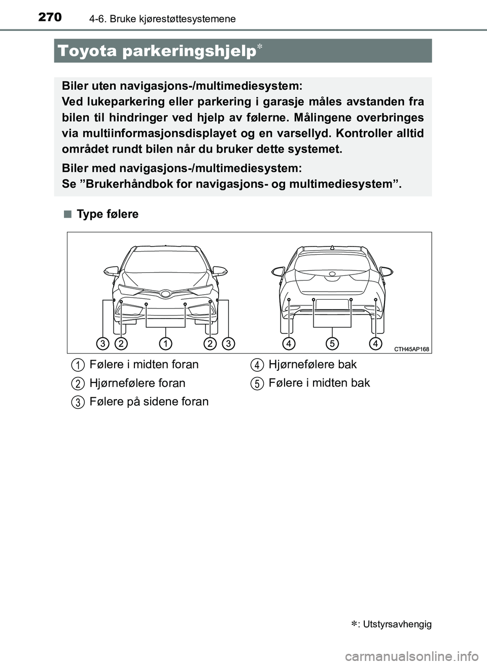 TOYOTA AURIS 2017  Instruksjoner for bruk (in Norwegian) 2704-6. Bruke kjørestøttesystemene
UK AURIS_HB_EE  (OM12K97NO)n
Ty p e  f ø l e r e
Toyota parkeringshjelp
: Utstyrsavhengig
Biler uten navigasjons-/multimediesystem: 
Ved lukeparkering eller