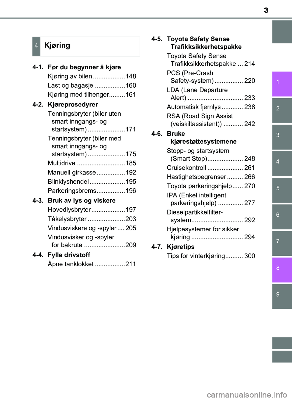 TOYOTA AURIS 2017  Instruksjoner for bruk (in Norwegian) 3
1
9 8
7 5 4
3
2
UK AURIS_HB_EE  (OM12K97NO)
6
4-1.  Før du begynner å kjøreKjøring av bilen ..................148
Last og bagasje .................160
Kjøring med tilhenger.........161
4-2. Kj�