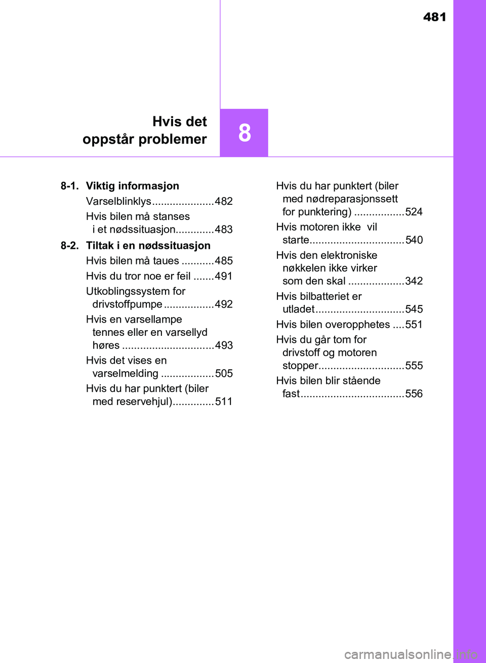 TOYOTA AURIS 2017 Instruksjoner for bruk (in Norwegian) 481
8
Hvis det
oppstår problemer
UK AURIS_HB_EE (OM12K97NO) 8-1. Viktig informasjon
Varselblinklys..................... 482
Hvis bilen må stanses i et nødssituasjon............. 483
8-2. Tiltak i TOYOTA AURIS 2017 Instruksjoner for bruk (in Norwegian) 481
8
Hvis det
oppstår problemer
UK AURIS_HB_EE (OM12K97NO) 8-1. Viktig informasjon
Varselblinklys..................... 482
Hvis bilen må stanses i et nødssituasjon............. 483
8-2. Tiltak i