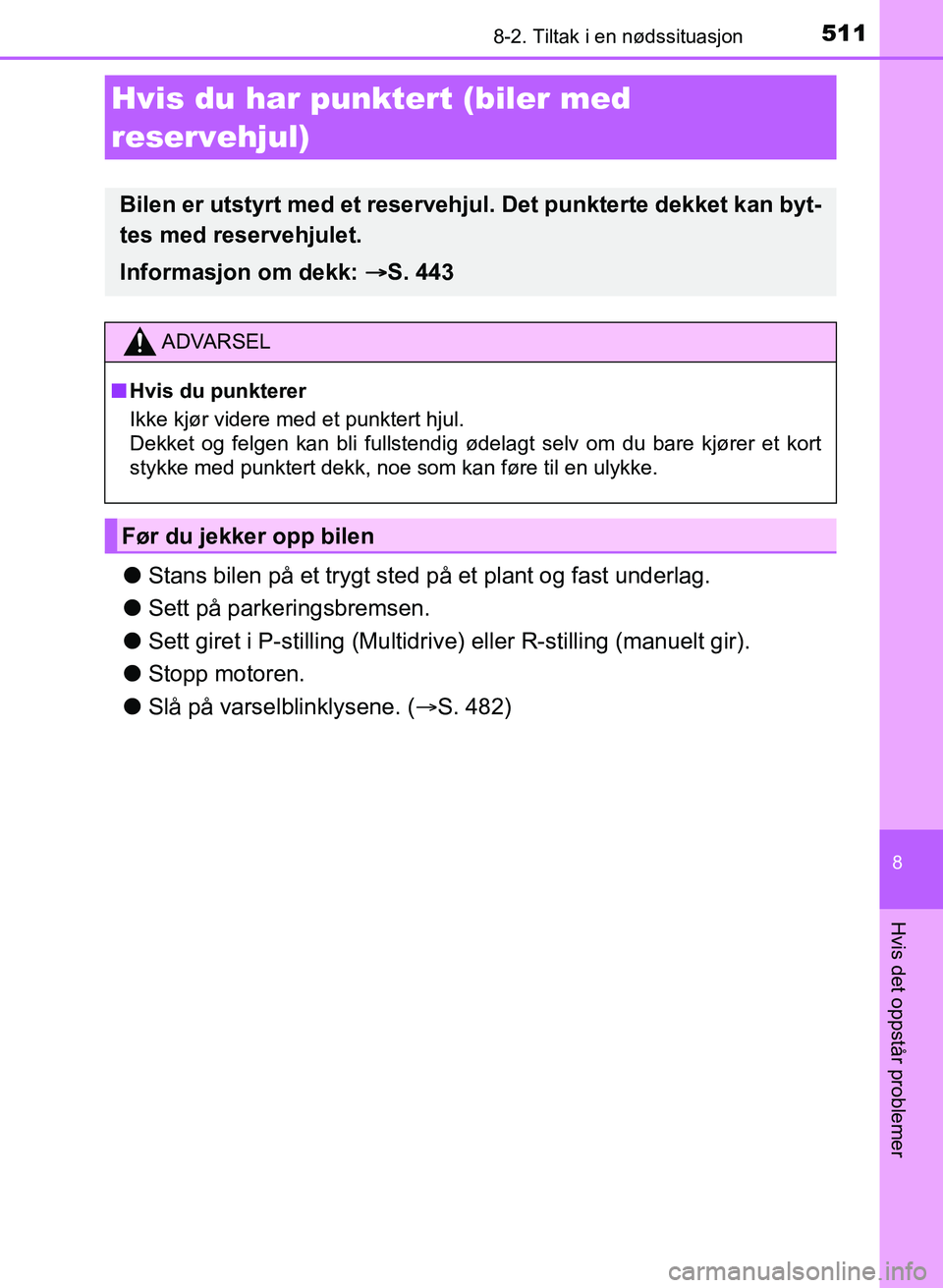 TOYOTA AURIS 2017  Instruksjoner for bruk (in Norwegian) 5118-2. Tiltak i en nødssituasjon
UK AURIS_HB_EE  (OM12K97NO)
8
Hvis det oppstår problemer
lStans bilen på et trygt sted på et plant og fast underlag.
l Sett på parkeringsbremsen.
l Sett giret i 