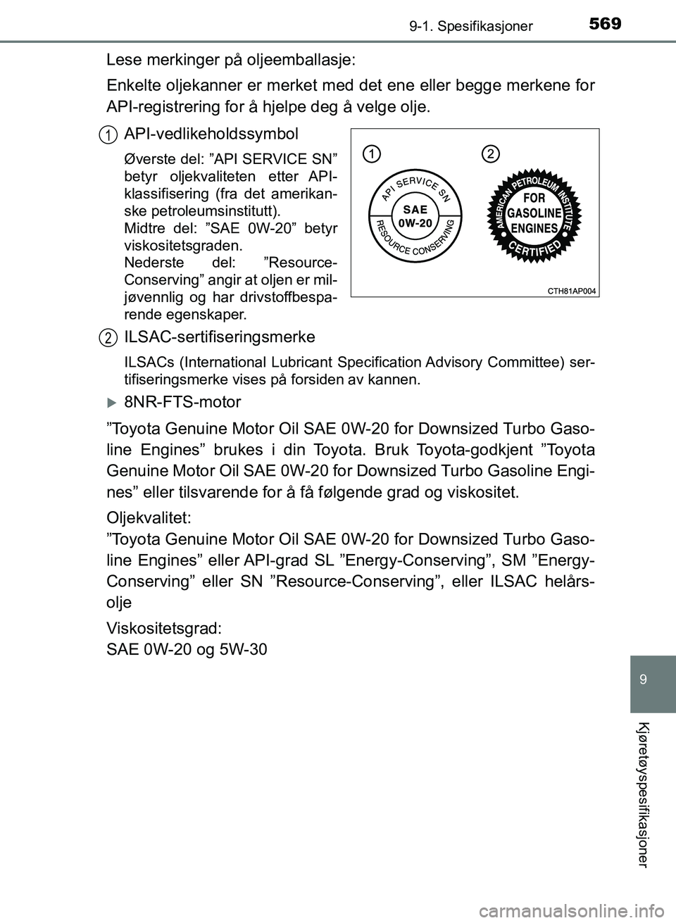 TOYOTA AURIS 2017 Instruksjoner for bruk (in Norwegian) 5699-1. Spesifikasjoner
UK AURIS_HB_EE (OM12K97NO)
9
Kjøretøyspesifikasjoner
Lese merkinger på oljeemballasje:
Enkelte oljekanner er merket med det ene eller begge merkene for
API-registrering for TOYOTA AURIS 2017 Instruksjoner for bruk (in Norwegian) 5699-1. Spesifikasjoner
UK AURIS_HB_EE (OM12K97NO)
9
Kjøretøyspesifikasjoner
Lese merkinger på oljeemballasje:
Enkelte oljekanner er merket med det ene eller begge merkene for
API-registrering for