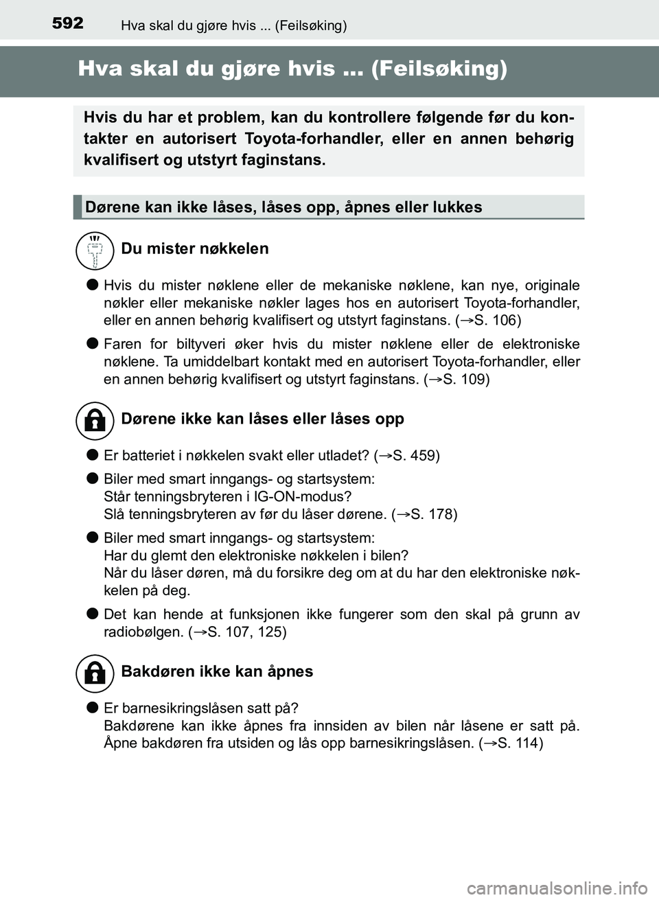 TOYOTA AURIS 2017 Instruksjoner for bruk (in Norwegian) 592
UK AURIS_HB_EE (OM12K97NO)
Hva skal du gjøre hvis ... (Feilsøking)
Hva skal du gjøre hvis ... (Feilsøking)
lHvis du mister nøklene eller de mekaniske nøklene, kan nye, originale
nøkler ell TOYOTA AURIS 2017 Instruksjoner for bruk (in Norwegian) 592
UK AURIS_HB_EE (OM12K97NO)
Hva skal du gjøre hvis ... (Feilsøking)
Hva skal du gjøre hvis ... (Feilsøking)
lHvis du mister nøklene eller de mekaniske nøklene, kan nye, originale
nøkler ell