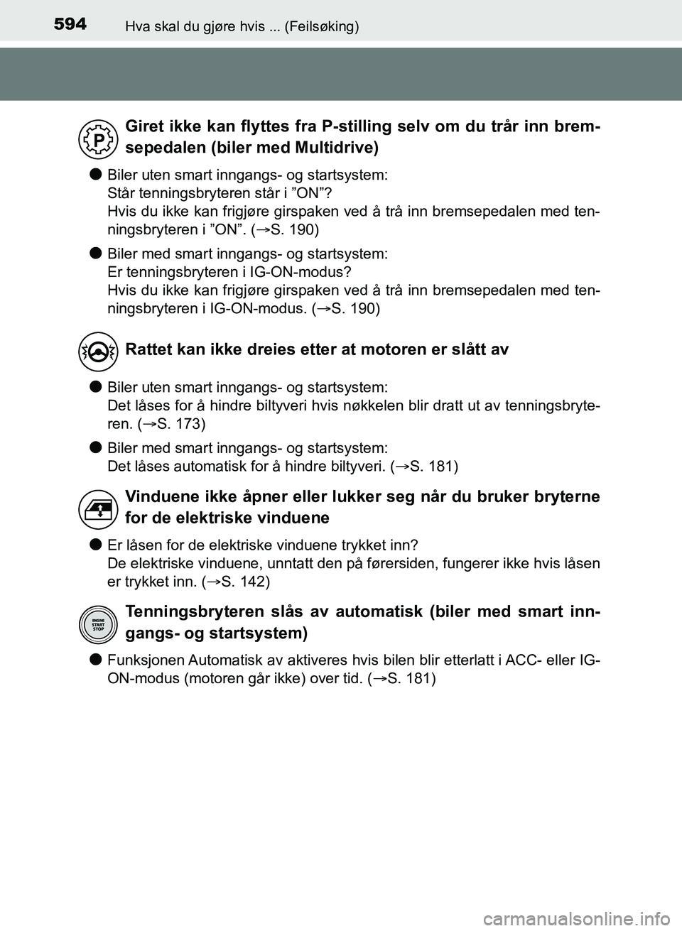 TOYOTA AURIS 2017 Instruksjoner for bruk (in Norwegian) 594Hva skal du gjøre hvis ... (Feilsøking)
UK AURIS_HB_EE (OM12K97NO)
lBiler uten smart inngangs- og startsystem:
Står tenningsbryteren står i ”ON”?
Hvis du ikke kan frigjøre girspaken ved TOYOTA AURIS 2017 Instruksjoner for bruk (in Norwegian) 594Hva skal du gjøre hvis ... (Feilsøking)
UK AURIS_HB_EE (OM12K97NO)
lBiler uten smart inngangs- og startsystem:
Står tenningsbryteren står i ”ON”?
Hvis du ikke kan frigjøre girspaken ved