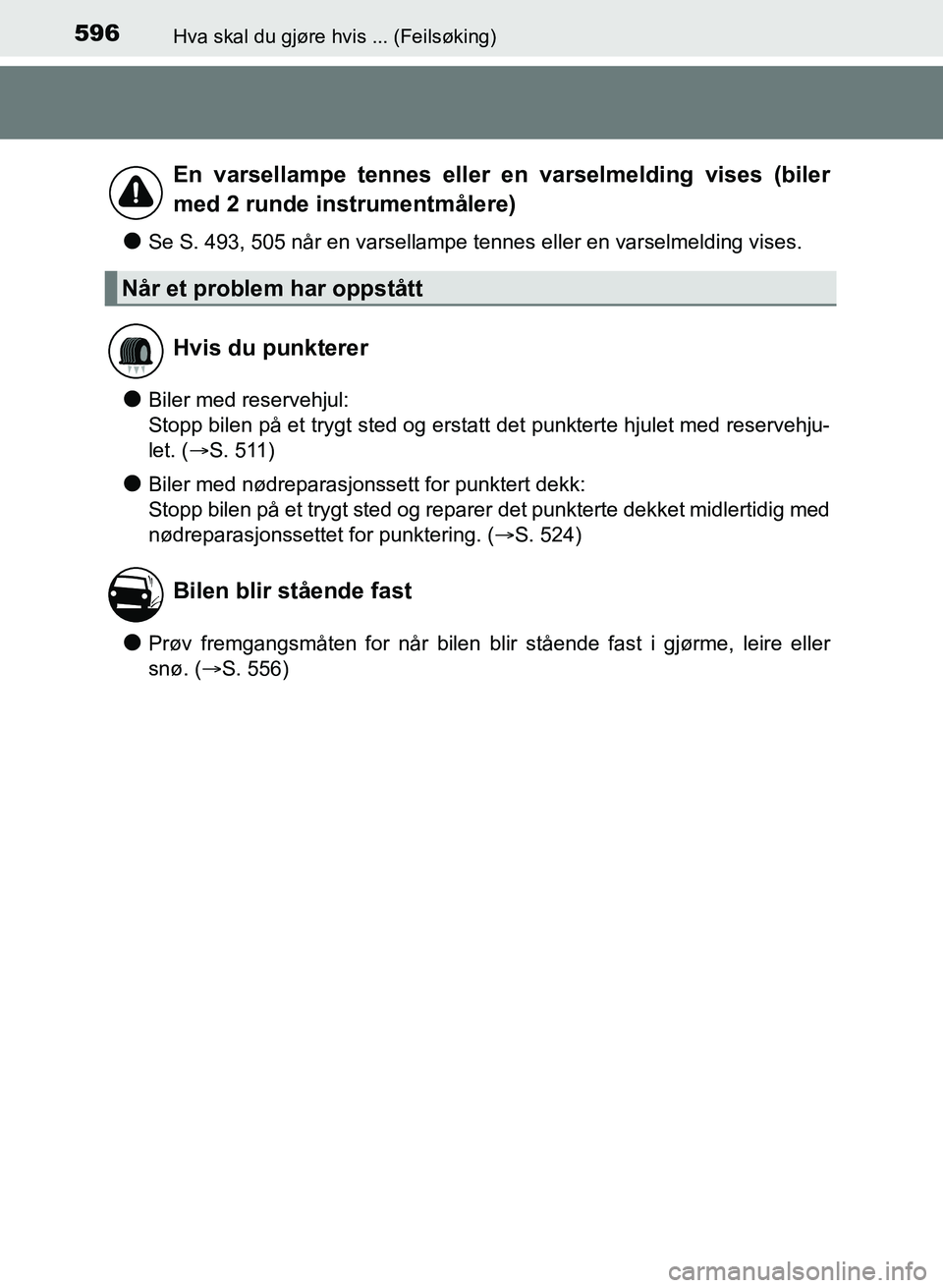 TOYOTA AURIS 2017 Instruksjoner for bruk (in Norwegian) 596Hva skal du gjøre hvis ... (Feilsøking)
UK AURIS_HB_EE (OM12K97NO)
lSe S. 493, 505 når en varsellampe tennes eller en varselmelding vises\
.
lBiler med reservehjul:
Stopp bilen på et trygt ste TOYOTA AURIS 2017 Instruksjoner for bruk (in Norwegian) 596Hva skal du gjøre hvis ... (Feilsøking)
UK AURIS_HB_EE (OM12K97NO)
lSe S. 493, 505 når en varsellampe tennes eller en varselmelding vises\
.
lBiler med reservehjul:
Stopp bilen på et trygt ste