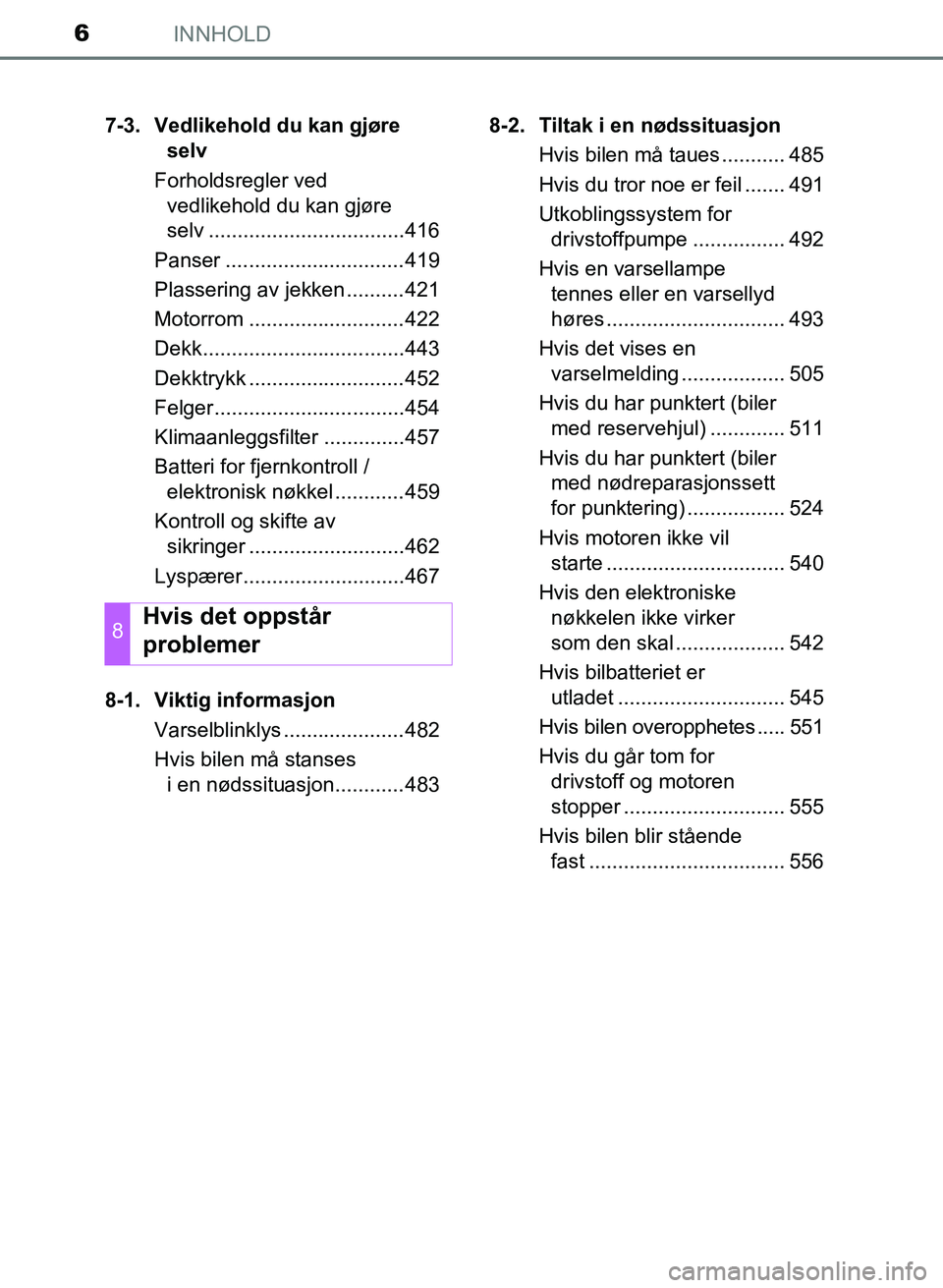 TOYOTA AURIS 2017 Instruksjoner for bruk (in Norwegian) INNHOLD6
UK AURIS_HB_EE (OM12K97NO)7-3. Vedlikehold du kan gjøre
selv
Forholdsregler ved vedlikehold du kan gjøre
selv ..................................416
Panser .............................. TOYOTA AURIS 2017 Instruksjoner for bruk (in Norwegian) INNHOLD6
UK AURIS_HB_EE (OM12K97NO)7-3. Vedlikehold du kan gjøre
selv
Forholdsregler ved vedlikehold du kan gjøre
selv ..................................416
Panser ..............................