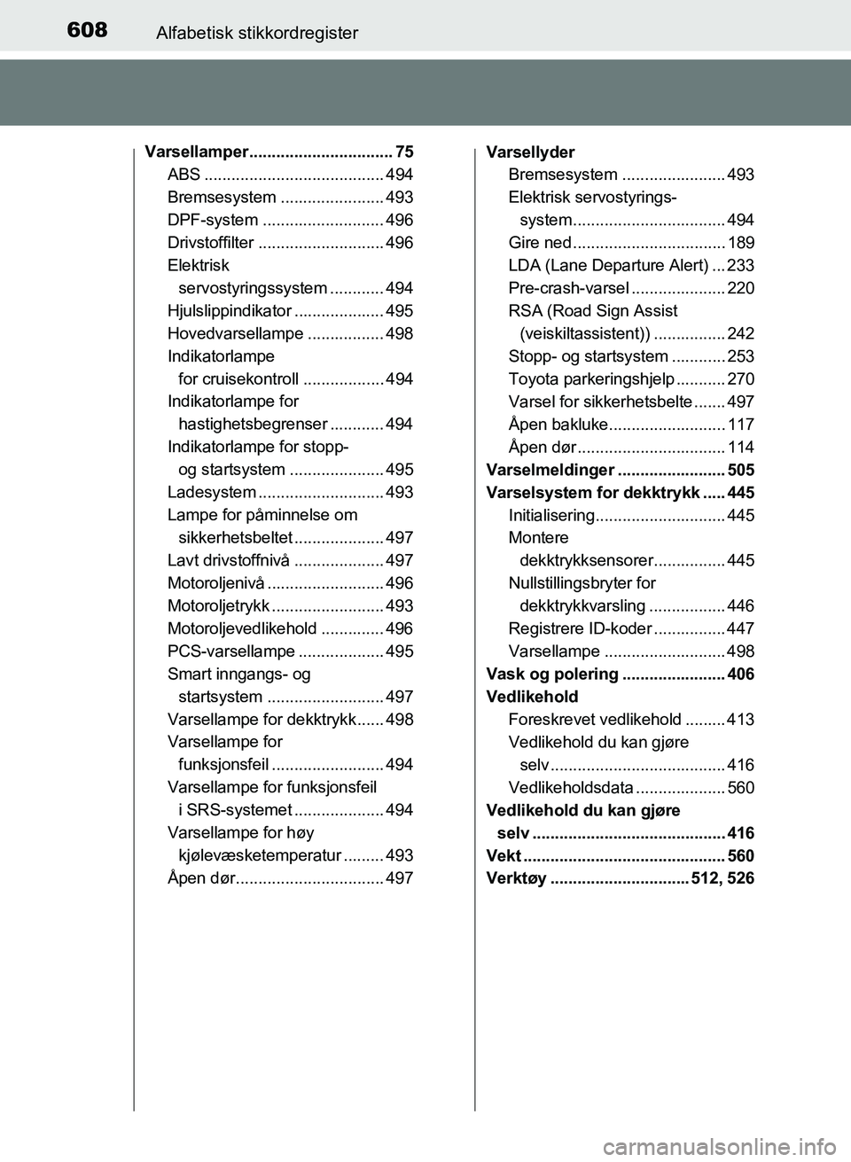 TOYOTA AURIS 2017  Instruksjoner for bruk (in Norwegian) 608Alfabetisk stikkordregister
UK AURIS_HB_EE  (OM12K97NO)
Varsellamper................................ 75
ABS ........................................ 494
Bremsesystem ....................... 493
DPF