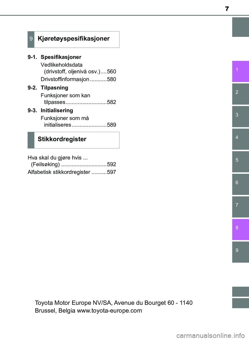 TOYOTA AURIS 2017  Instruksjoner for bruk (in Norwegian) 7
1
9 8
7 5 4
3
2
UK AURIS_HB_EE  (OM12K97NO)
6
9-1. SpesifikasjonerVedlikeholdsdata (drivstoff, oljenivå osv.) ....560
Drivstoffinformasjon ...........580
9-2. Tilpasning Funksjoner som kan tilpasse