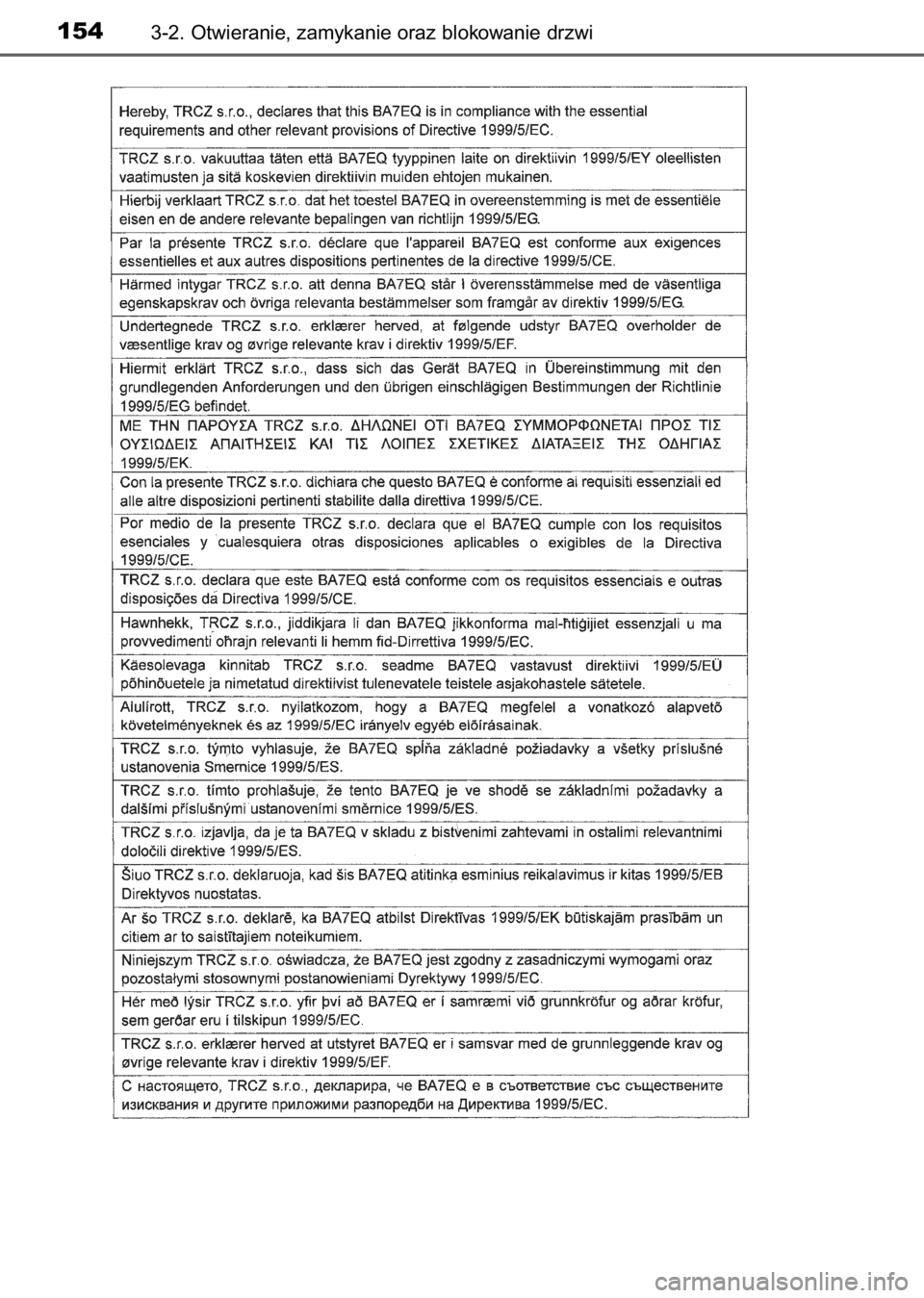 TOYOTA AURIS 2017  Instrukcja obsługi (in Polish) 1543-2. Otwieranie, zamykanie oraz blokowanie drzwi
9 IO Auris OM12K97E  3/13/17  10:22 AM  Page 154    (Black plate) 