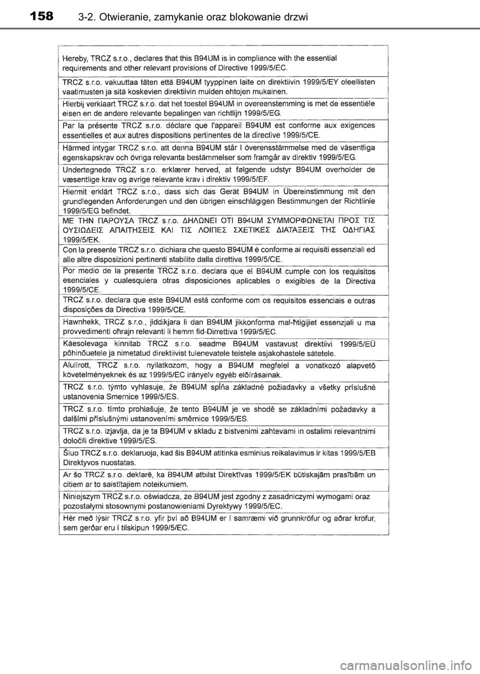 TOYOTA AURIS 2017  Instrukcja obsługi (in Polish) 1583-2. Otwieranie, zamykanie oraz blokowanie drzwi
9 IO Auris OM12K97E  3/13/17  10:22 AM  Page 158    (Black plate) 