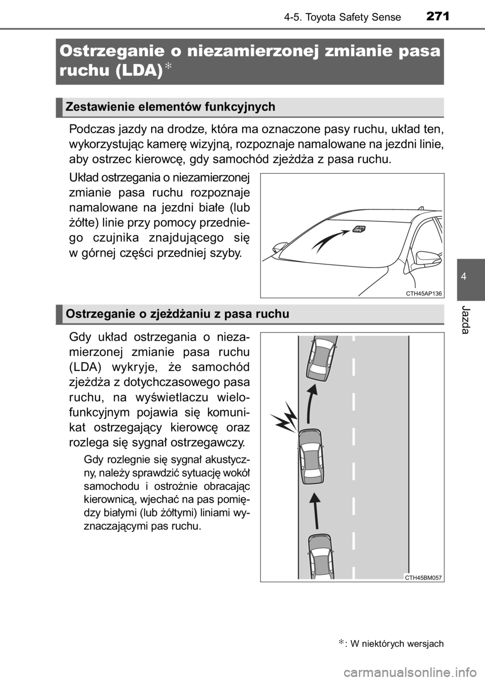 TOYOTA AURIS 2017  Instrukcja obsługi (in Polish) Podczas jazdy na drodze, która ma oznaczone pasy ruchu, uk∏ad ten,
wykorzystujàc kamer´ wizyjnà, rozpoznaje namalowane na jezdni linie,
aby ostrzec kierowc´, gdy samochód zje˝d˝a z pasa ruch