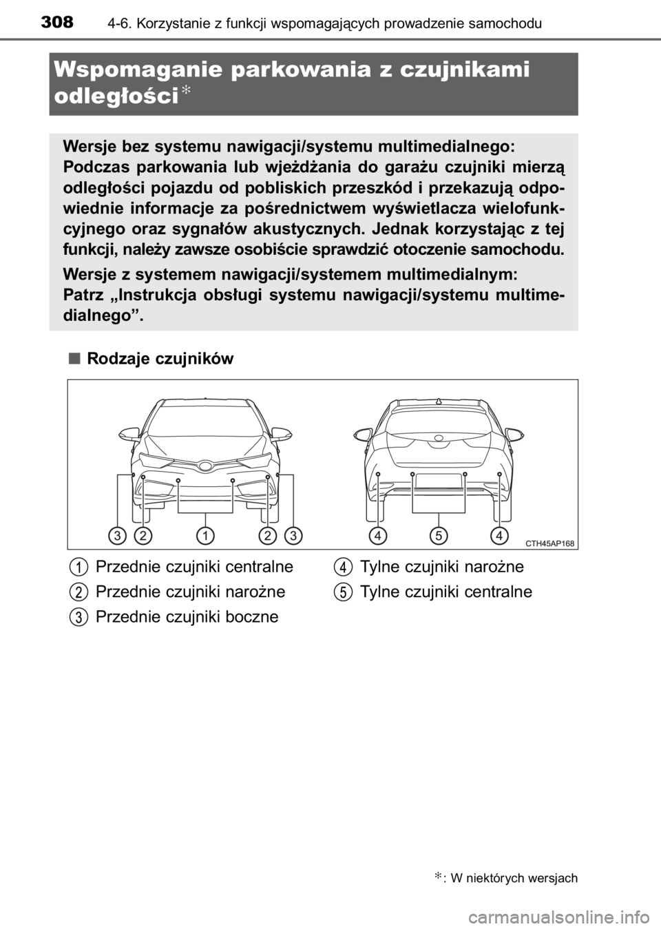 TOYOTA AURIS 2017  Instrukcja obsługi (in Polish) Rodzaje czujników
3084-6. Korzystanie z funkcji wspomagajàcych prowadzenie samochodu
Wspomaganie parkowania z czujnikami 
odleg∏oÊci
✻
Wersje bez systemu nawigacji/systemu multimedialnego:
Podc