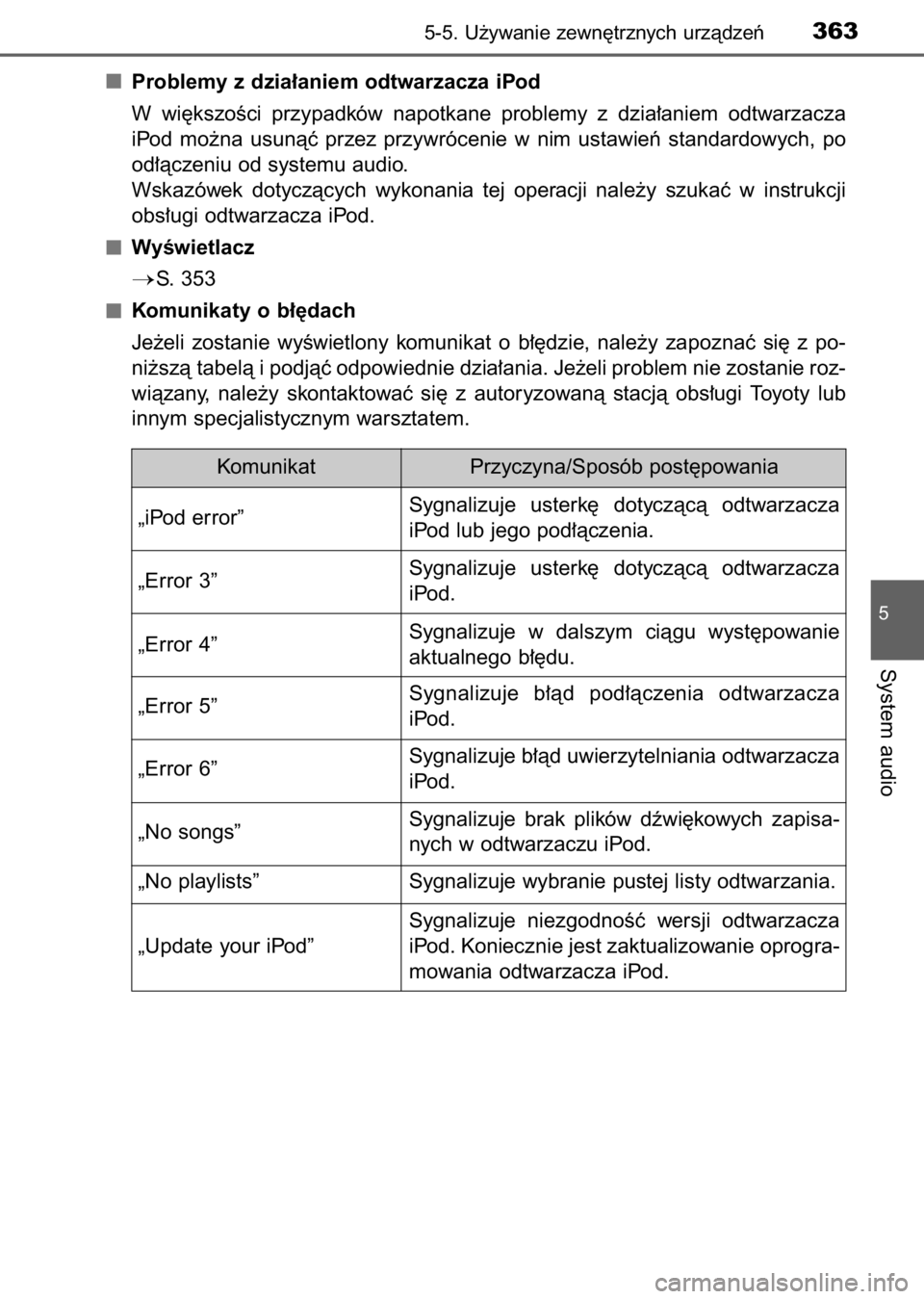 TOYOTA AURIS 2017  Instrukcja obsługi (in Polish) Problemy z dzia∏aniem odtwarzacza iPod
W wi´kszoÊci  przypadków  napotkane  problemy  z dzia∏aniem  odtwarzacza
iPod  mo˝na  usunàç  przez  przywrócenie  w nim  ustawieƒ  standardowych,  p