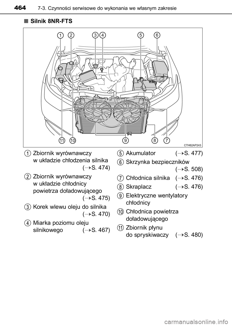 TOYOTA AURIS 2017  Instrukcja obsługi (in Polish) Silnik 8NR-FTS
4647-3. CzynnoÊci serwisowe do wykonania we w∏asnym zakresie
Zbiornik wyrównawczy
w uk∏adzie ch∏odzenia silnika 
(
S. 474)
Zbiornik wyrównawczy
w uk∏adzie ch∏odnicy 
powie
