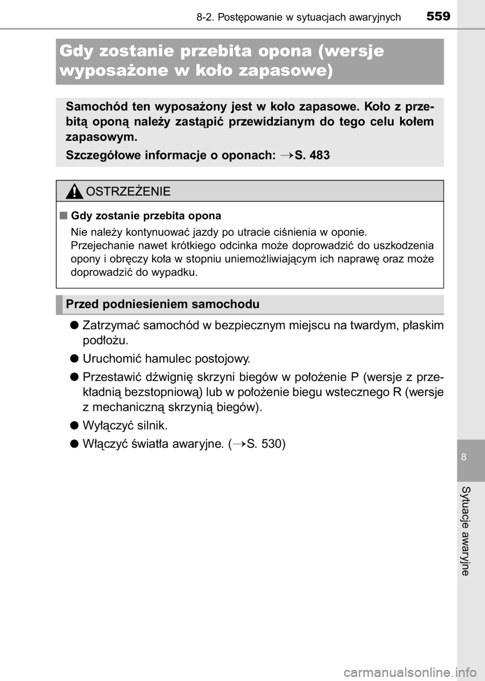 TOYOTA AURIS 2017  Instrukcja obsługi (in Polish) Zatrzymaç samochód w bezpiecznym miejscu na twardym, p∏askim
pod∏o˝u.
Uruchomiç hamulec postojowy.
Przestawiç  dêwigni´  skrzyni  biegów  w po∏o˝enie  P (wersje  z prze-
k∏adnià bezs
