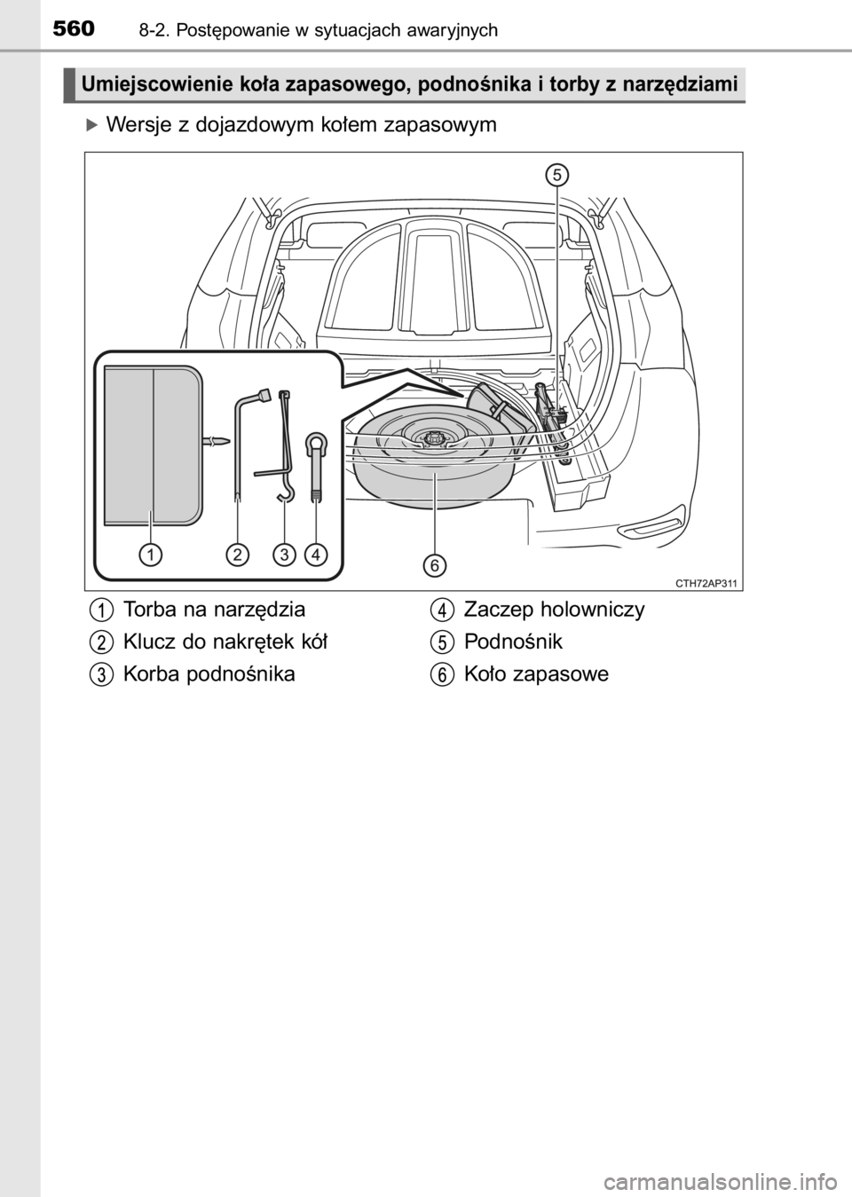 TOYOTA AURIS 2017  Instrukcja obsługi (in Polish) óWersje z dojazdowym ko∏em zapasowym
5608-2. Post´powanie w sytuacjach awaryjnych
Torba na narz´dzia
Klucz do nakr´tek kó∏
Korba podnoÊnikaZaczep holowniczy
PodnoÊnik
Ko∏o zapasowe
Umiejs
