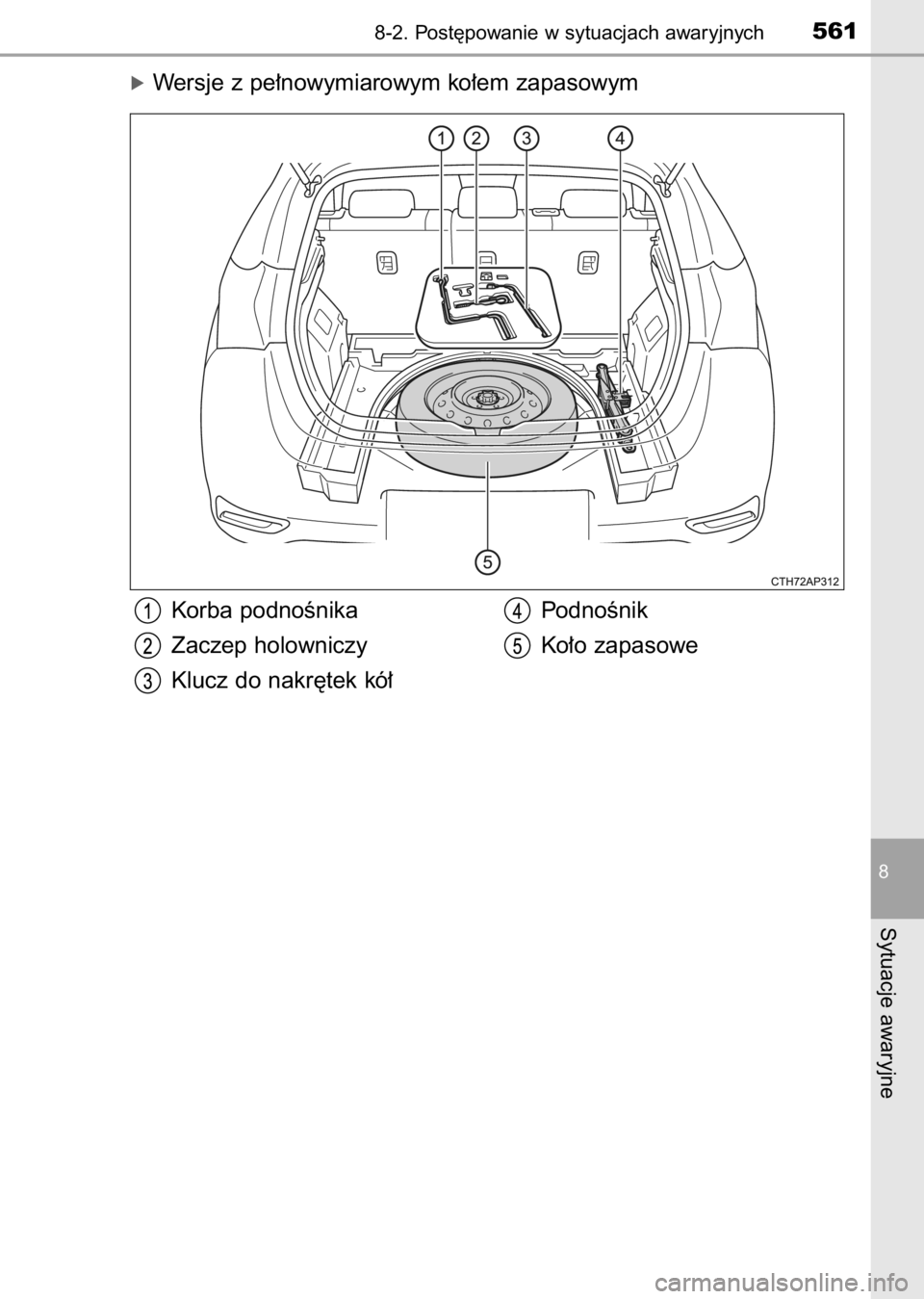 TOYOTA AURIS 2017  Instrukcja obsługi (in Polish) óWersje z pe∏nowymiarowym ko∏em zapasowym
8-2. Post´powanie w sytuacjach awaryjnych561
8
Sytuacje awaryjne
Korba podnoÊnika
Zaczep holowniczy
Klucz do nakr´tek kó∏PodnoÊnik
Ko∏o zapasowe