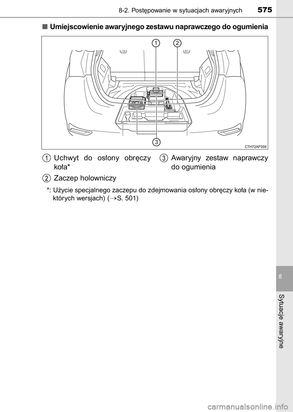 TOYOTA AURIS 2017  Instrukcja obsługi (in Polish) Umiejscowienie awaryjnego zestawu naprawczego do ogumienia
*: U˝ycie specjalnego zaczepu do zdejmowania os∏ony obr´czy ko∏a (w nie-
których wersjach) (
S. 501)
8-2. Post´powanie w sytuacjach 