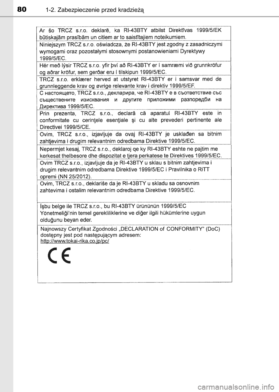 TOYOTA AURIS 2017  Instrukcja obsługi (in Polish) 801-2. Zabezpieczenie przed kradzie˝à
Najnowszy Cer tyfikat ZgodnoÊci „DECLARATION of CONFORMITY” (DoC) 
dost´pny jest pod nast´pujàcym adresem:
http://www
.tokai-rika.co.jp/pc/
9 IO Auris O