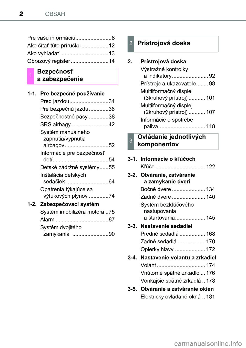 TOYOTA AURIS 2017 Návod na použitie (in Slovakian) OBSAH2
UK AURIS HB EE (OM12K97SK)
Pre vašu informáciu........................8
Ako čítať túto príručku ..................12
Ako vyhľadať ................................13
Obrazový regist TOYOTA AURIS 2017 Návod na použitie (in Slovakian) OBSAH2
UK AURIS HB EE (OM12K97SK)
Pre vašu informáciu........................8
Ako čítať túto príručku ..................12
Ako vyhľadať ................................13
Obrazový regist