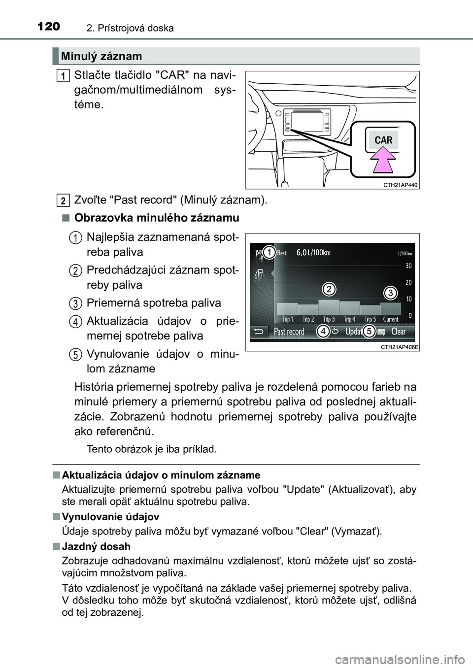 TOYOTA AURIS 2017 Návod na použitie (in Slovakian) 1202. Prístrojová doska
UK AURIS HB EE (OM12K97SK)
Stlačte tlačidlo "CAR" na navi-
gačnom/multimediálnom sys-
téme.
Zvoľte "Past record" (Minulý záznam).
■Obrazovka minu TOYOTA AURIS 2017 Návod na použitie (in Slovakian) 1202. Prístrojová doska
UK AURIS HB EE (OM12K97SK)
Stlačte tlačidlo "CAR" na navi-
gačnom/multimediálnom sys-
téme.
Zvoľte "Past record" (Minulý záznam).
■Obrazovka minu