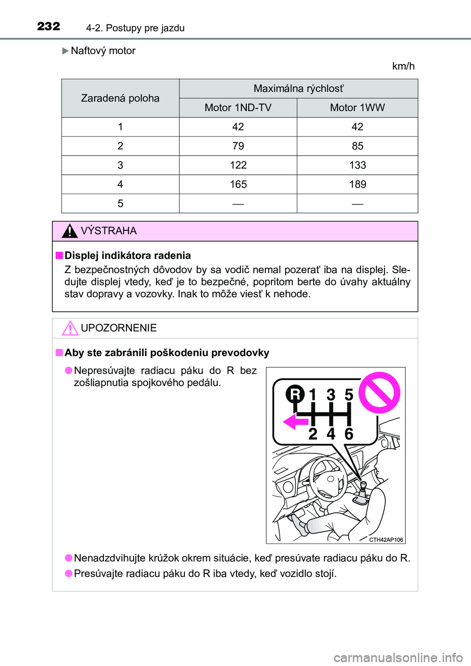 TOYOTA AURIS 2017 Návod na použitie (in Slovakian) 2324-2. Postupy pre jazdu
UK AURIS HB EE (OM12K97SK)
Naftový motor
km/h
Zaradená polohaMaximálna rýchlosť
Motor 1ND-TVMotor 1WW
14242
27985
3122133
4165189
5
VÝSTRAHA
■Displej indik TOYOTA AURIS 2017 Návod na použitie (in Slovakian) 2324-2. Postupy pre jazdu
UK AURIS HB EE (OM12K97SK)
Naftový motor
km/h
Zaradená polohaMaximálna rýchlosť
Motor 1ND-TVMotor 1WW
14242
27985
3122133
4165189
5
VÝSTRAHA
■Displej indik