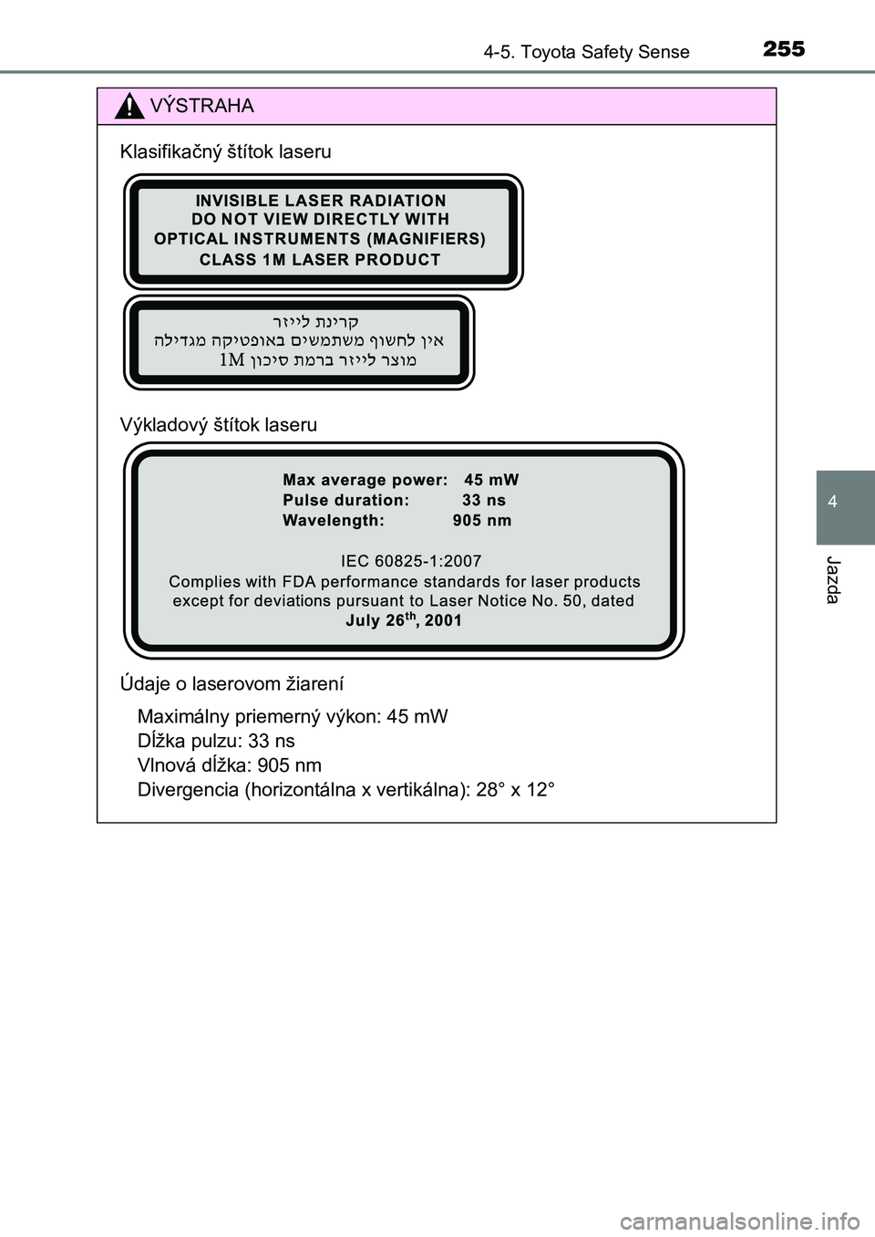 TOYOTA AURIS 2017 Návod na použitie (in Slovakian) 2554-5. Toyota Safety Sense
UK AURIS HB EE (OM12K97SK)
4
Jazda
VÝSTRAHA
Klasifikačný štítok laseru
Výkladový štítok laseru
Údaje o laserovom žiarení
Maximálny priemerný výkon: 45 mW TOYOTA AURIS 2017 Návod na použitie (in Slovakian) 2554-5. Toyota Safety Sense
UK AURIS HB EE (OM12K97SK)
4
Jazda
VÝSTRAHA
Klasifikačný štítok laseru
Výkladový štítok laseru
Údaje o laserovom žiarení
Maximálny priemerný výkon: 45 mW