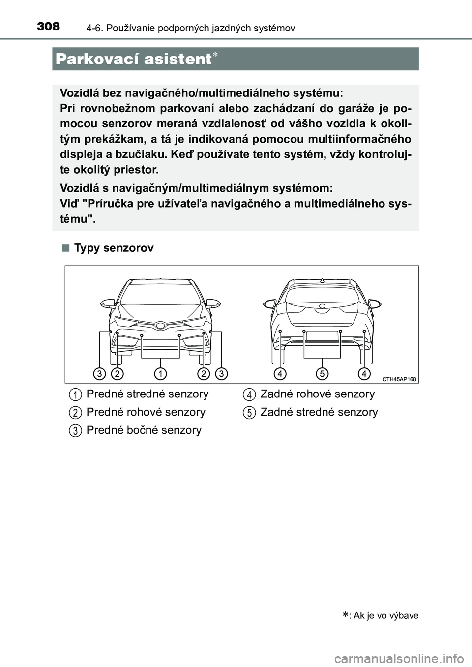 TOYOTA AURIS 2017 Návod na použitie (in Slovakian) 3084-6. Používanie podporných jazdných systémov
UK AURIS HB EE (OM12K97SK)
■Typy senzorov
Parkovací asistent
: Ak je vo výbave
Vozidlá bez navigačného/multimediálneho systému:
P TOYOTA AURIS 2017 Návod na použitie (in Slovakian) 3084-6. Používanie podporných jazdných systémov
UK AURIS HB EE (OM12K97SK)
■Typy senzorov
Parkovací asistent
: Ak je vo výbave
Vozidlá bez navigačného/multimediálneho systému:
P
