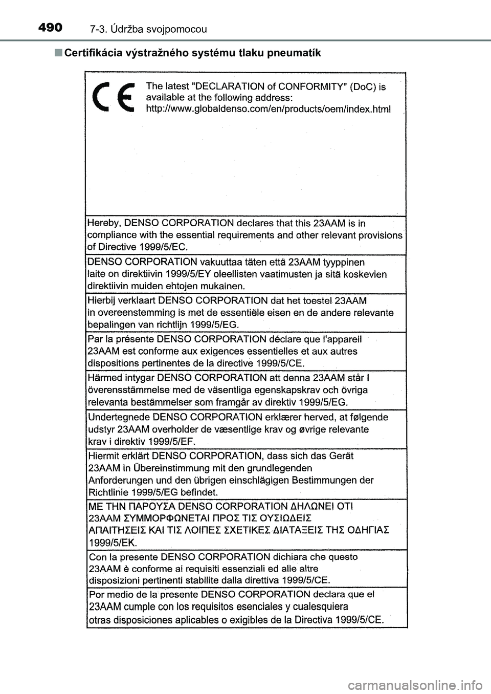 TOYOTA AURIS 2017 Návod na použitie (in Slovakian) 4907-3. Údržba svojpomocou
UK AURIS HB EE (OM12K97SK)
■ Certifikácia výstražného systému tlaku pneumatík
UK AURIS_HB_OM_Europe_OM12K97E.book Page 490 Friday, October 7, 2016 2:15 PM TOYOTA AURIS 2017 Návod na použitie (in Slovakian) 4907-3. Údržba svojpomocou
UK AURIS HB EE (OM12K97SK)
■ Certifikácia výstražného systému tlaku pneumatík
UK AURIS_HB_OM_Europe_OM12K97E.book Page 490 Friday, October 7, 2016 2:15 PM
