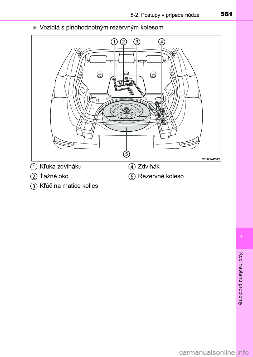 TOYOTA AURIS 2017  Návod na použitie (in Slovakian) 5618-2. Postupy v prípade núdze
UK AURIS HB EE (OM12K97SK)
8
Keď nastanú problémy
Vozidlá s plnohodnotným rezervným kolesom
Kľuka zdviháku 
Ťažné oko
Kľúč na matice kolies 
Zdvihák