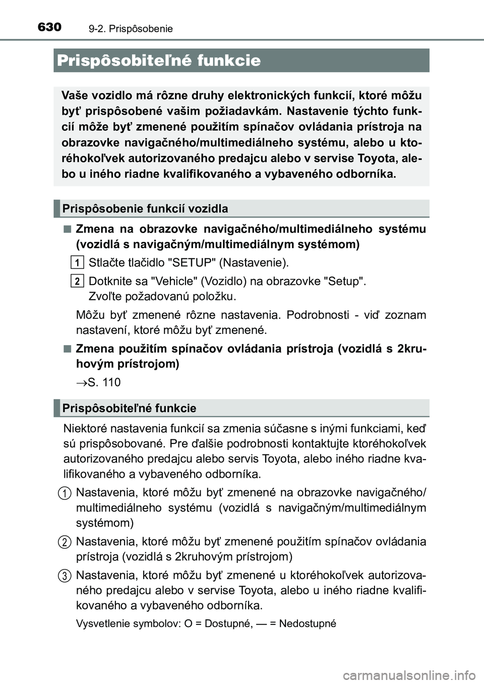 TOYOTA AURIS 2017 Návod na použitie (in Slovakian) 630
UK AURIS HB EE (OM12K97SK)
9-2. Prispôsobenie
■Zmena na obrazovke navigačného/multimediálneho systému
(vozidlá s navigačným/multimediálnym systémom)
Stlačte tlačidlo "SETUP TOYOTA AURIS 2017 Návod na použitie (in Slovakian) 630
UK AURIS HB EE (OM12K97SK)
9-2. Prispôsobenie
■Zmena na obrazovke navigačného/multimediálneho systému
(vozidlá s navigačným/multimediálnym systémom)
Stlačte tlačidlo "SETUP