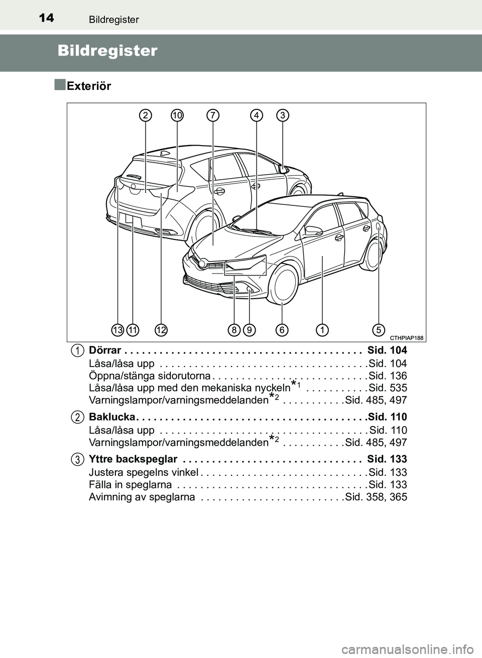 TOYOTA AURIS 2017 Bruksanvisningar (in Swedish) 14
OM12K97SE
Bildregister
Bildregister
n
Exteriör
Dörrar . . . . . . . . . . . . . . . . . . . . . . . . . . . . . . . . . . . . . . . . . Sid. 104
Låsa/låsa upp . . . . . . . . . . . . . . . . TOYOTA AURIS 2017 Bruksanvisningar (in Swedish) 14
OM12K97SE
Bildregister
Bildregister
n
Exteriör
Dörrar . . . . . . . . . . . . . . . . . . . . . . . . . . . . . . . . . . . . . . . . . Sid. 104
Låsa/låsa upp . . . . . . . . . . . . . . . .