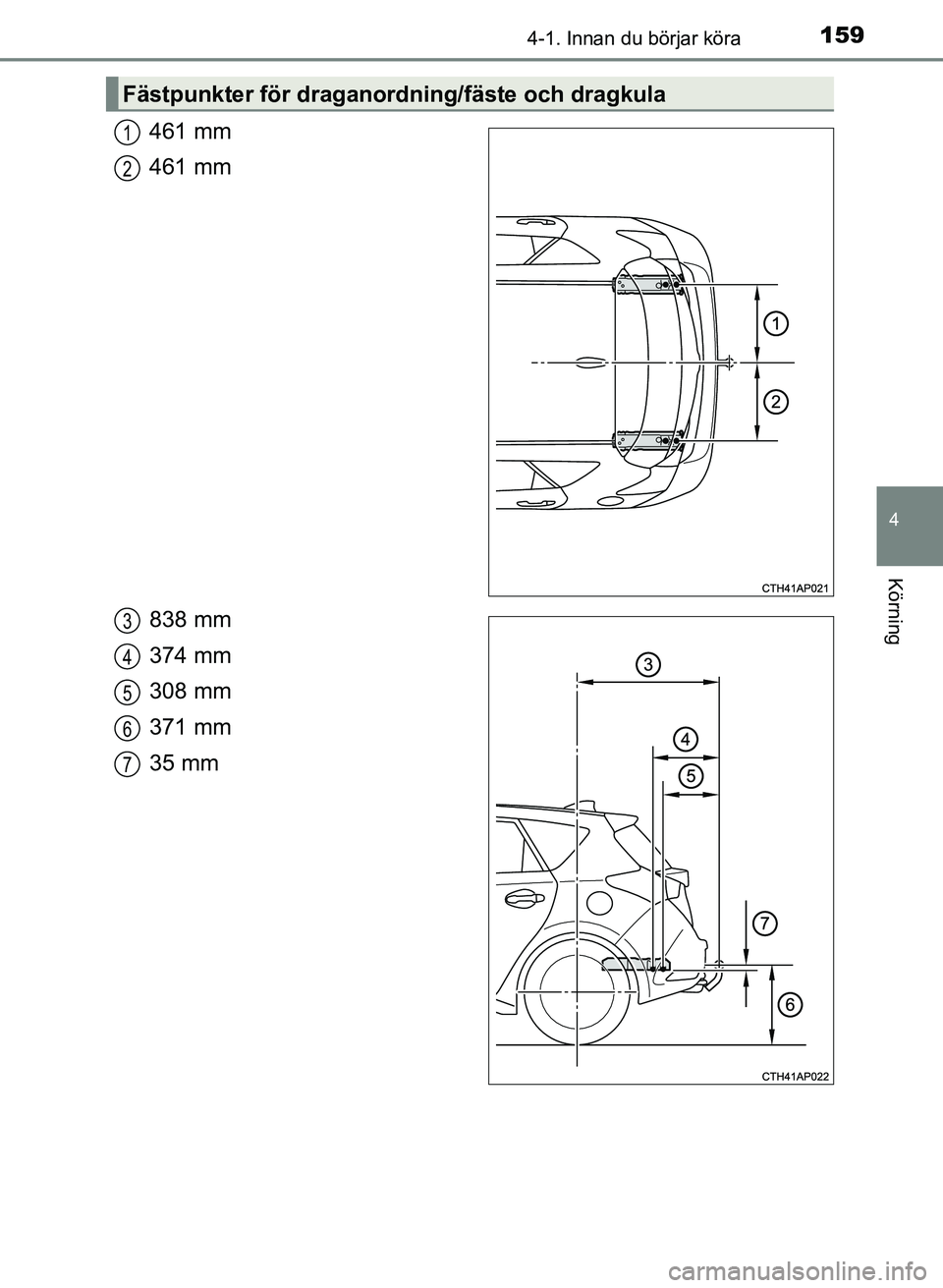 TOYOTA AURIS 2017 Bruksanvisningar (in Swedish) 1594-1. Innan du börjar köra
OM12K97SE
4
Körning
461 mm
461 mm
838 mm
374 mm
308 mm
371 mm
35 mm
Fästpunkter för draganordning/fäste och dragkula
1
2
3
4
5
6
7
OM12K97SE_Auris.book Page 159 Tu TOYOTA AURIS 2017 Bruksanvisningar (in Swedish) 1594-1. Innan du börjar köra
OM12K97SE
4
Körning
461 mm
461 mm
838 mm
374 mm
308 mm
371 mm
35 mm
Fästpunkter för draganordning/fäste och dragkula
1
2
3
4
5
6
7
OM12K97SE_Auris.book Page 159 Tu