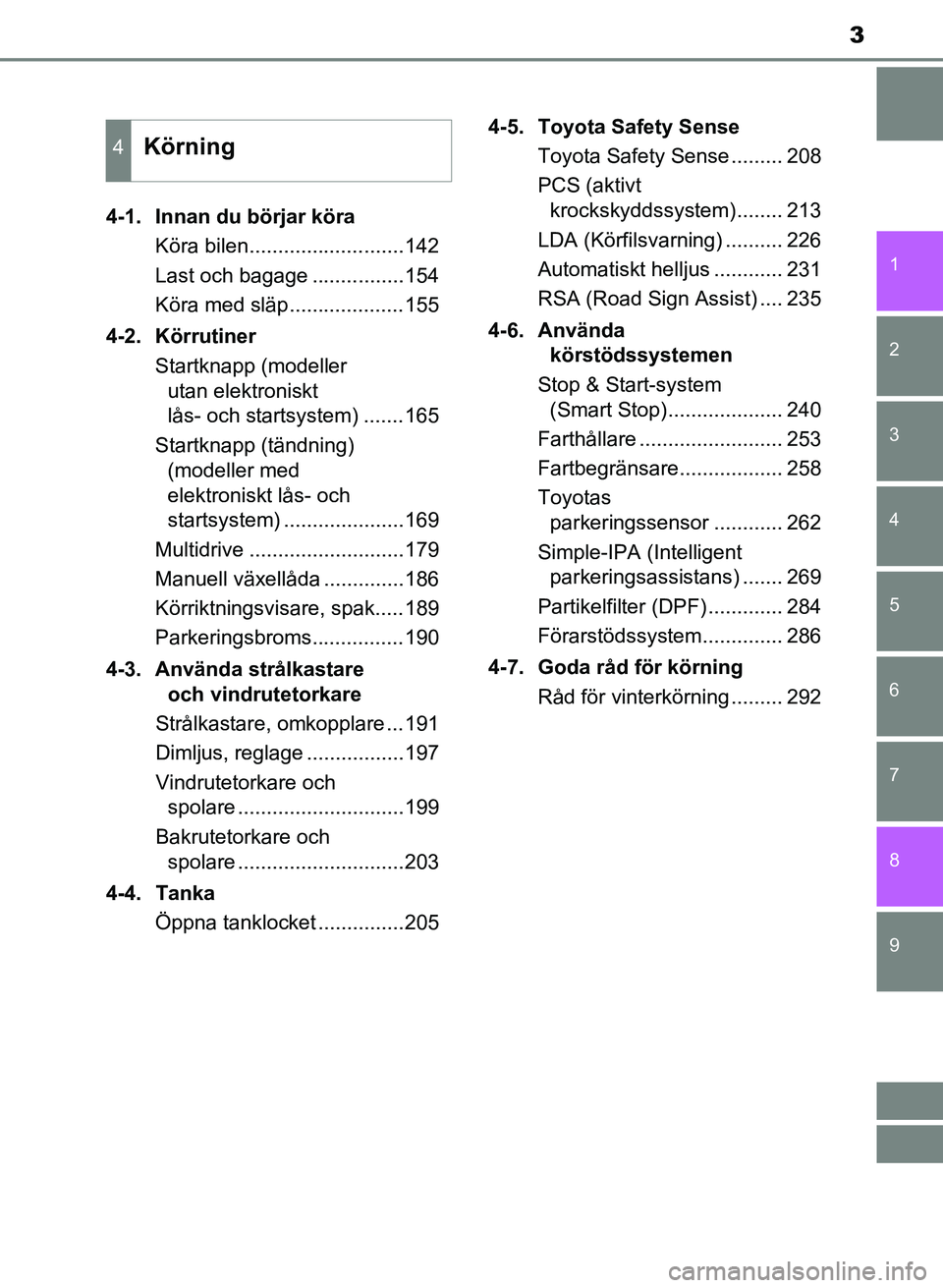 TOYOTA AURIS 2017  Bruksanvisningar (in Swedish) 3
1
9 8
7 5 4
3
2
OM12K97SE
6
4-1.  Innan du börjar köraKöra bilen...........................142
Last och bagage ................154
Köra med släp....................155
4-2. Körrutiner Startkna