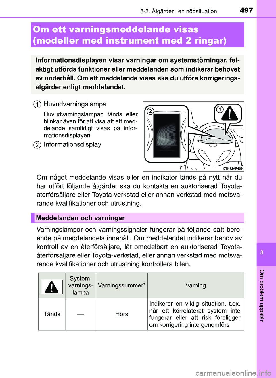 TOYOTA AURIS 2017 Bruksanvisningar (in Swedish) 4978-2. Åtgärder i en nödsituation
OM12K97SE
8
Om problem uppstår
Huvudvarningslampa
Huvudvarningslampan tänds eller
blinkar även för att visa att ett med-
delande samtidigt visas på infor-
ma TOYOTA AURIS 2017 Bruksanvisningar (in Swedish) 4978-2. Åtgärder i en nödsituation
OM12K97SE
8
Om problem uppstår
Huvudvarningslampa
Huvudvarningslampan tänds eller
blinkar även för att visa att ett med-
delande samtidigt visas på infor-
ma