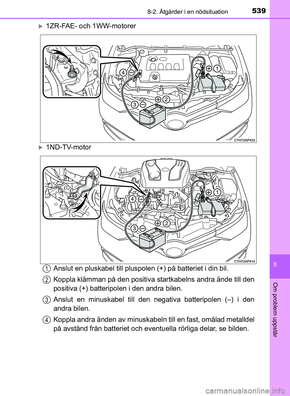 TOYOTA AURIS 2017 Bruksanvisningar (in Swedish) 5398-2. Åtgärder i en nödsituation
OM12K97SE
8
Om problem uppstår
1ZR-FAE- och 1WW-motorer
1ND-TV-motorAnslut en pluskabel till pluspolen (+) på batteriet i din bil.
Koppla klämman på den TOYOTA AURIS 2017 Bruksanvisningar (in Swedish) 5398-2. Åtgärder i en nödsituation
OM12K97SE
8
Om problem uppstår
1ZR-FAE- och 1WW-motorer
1ND-TV-motorAnslut en pluskabel till pluspolen (+) på batteriet i din bil.
Koppla klämman på den