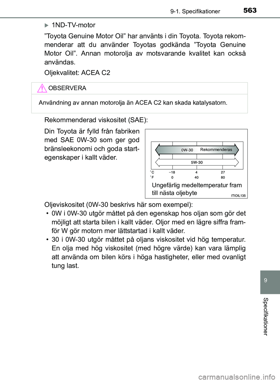 TOYOTA AURIS 2017  Bruksanvisningar (in Swedish) 5639-1. Specifikationer
OM12K97SE
9
Specifikationer
1ND-TV-motor
”Toyota Genuine Motor Oil” har använts i din Toyota. Toyota rekom-
menderar att du använder Toyotas godkända ”Toyota Genuin