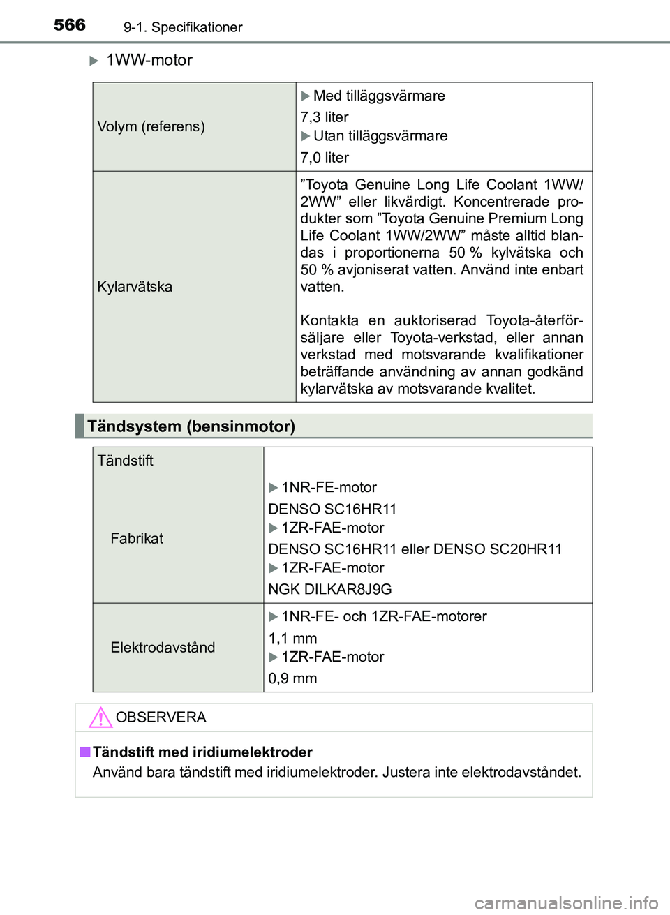 TOYOTA AURIS 2017  Bruksanvisningar (in Swedish) 5669-1. Specifikationer
OM12K97SE
1WW-motor
Volym (referens)
Med tilläggsvärmare
7,3 liter
Utan tilläggsvärmare
7,0 liter
Kylarvätska ”Toyota Genuine Long Life Coolant 1WW/
2WW” elle