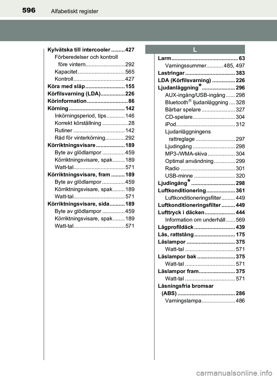 TOYOTA AURIS 2017 Bruksanvisningar (in Swedish) 596Alfabetiskt register
OM12K97SE
Kylvätska till intercooler ......... 427Förberedelser och kontroll
före vintern.......................... 292
Kapacitet ............................... 565
Kontro TOYOTA AURIS 2017 Bruksanvisningar (in Swedish) 596Alfabetiskt register
OM12K97SE
Kylvätska till intercooler ......... 427Förberedelser och kontroll
före vintern.......................... 292
Kapacitet ............................... 565
Kontro