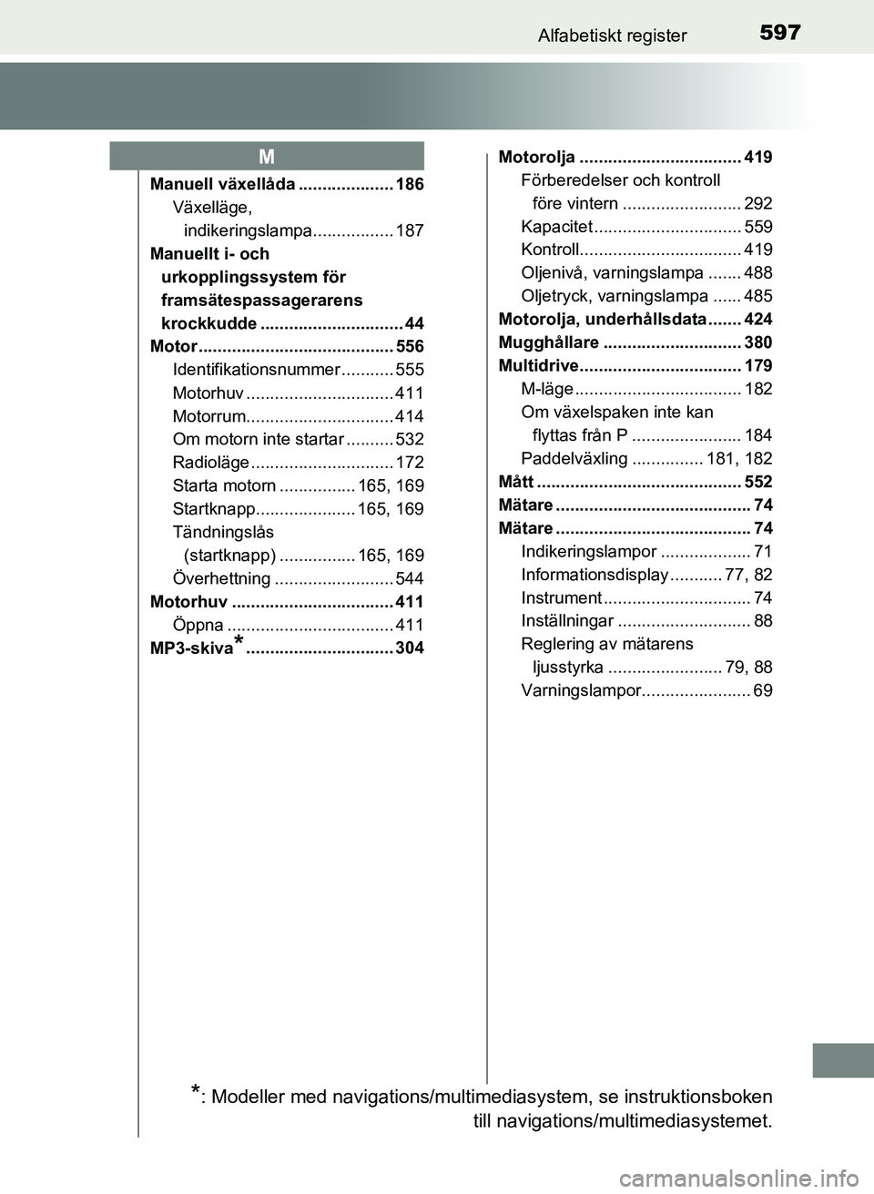 TOYOTA AURIS 2017 Bruksanvisningar (in Swedish) 597Alfabetiskt register
OM12K97SE
Manuell växellåda .................... 186Växelläge,
indikeringslampa................. 187
Manuellt i- och urkopplingssy stem för
framsätespassagerarens
kro TOYOTA AURIS 2017 Bruksanvisningar (in Swedish) 597Alfabetiskt register
OM12K97SE
Manuell växellåda .................... 186Växelläge,
indikeringslampa................. 187
Manuellt i- och urkopplingssy stem för
framsätespassagerarens
kro