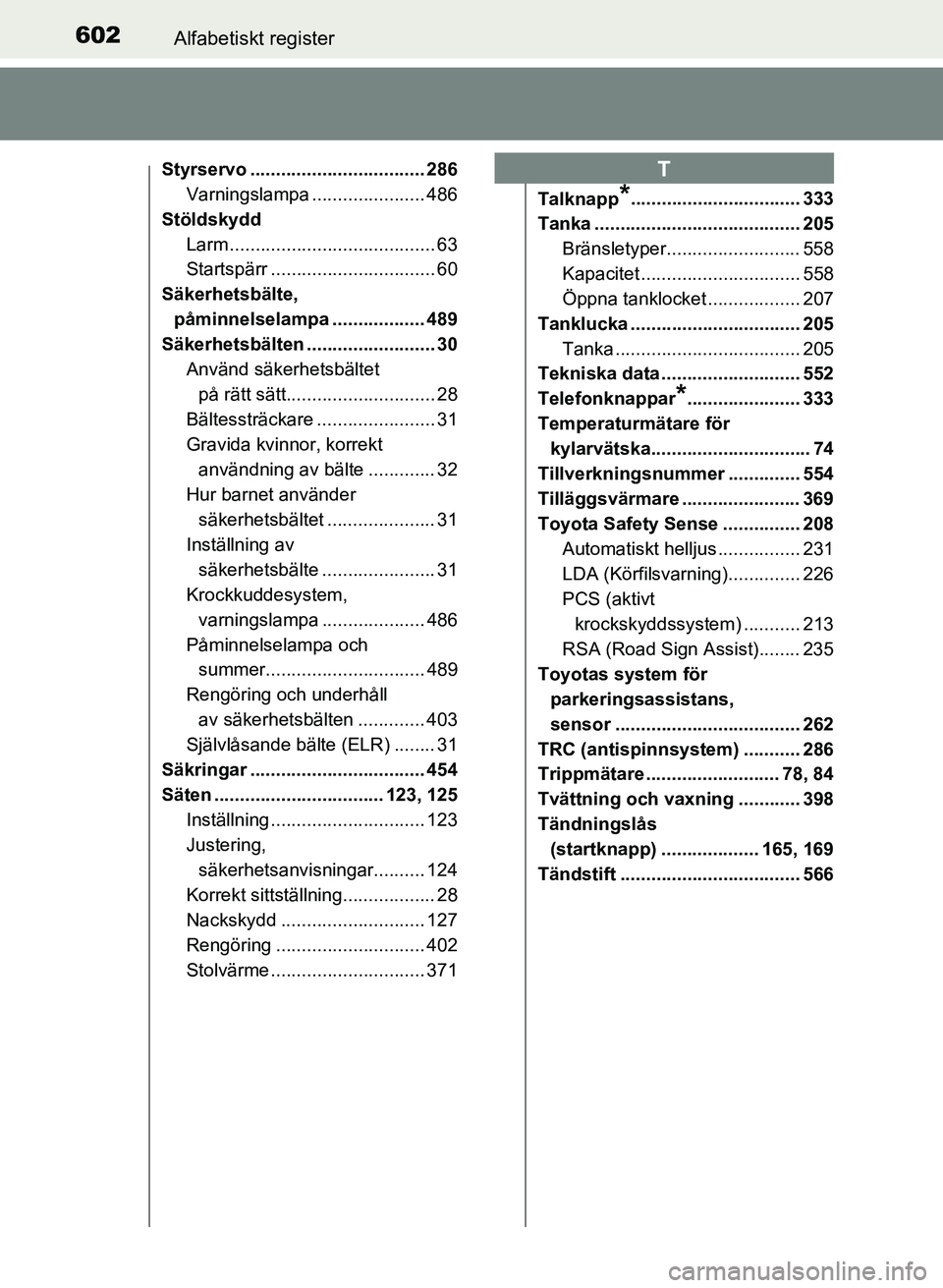 TOYOTA AURIS 2017  Bruksanvisningar (in Swedish) 602Alfabetiskt register
OM12K97SE
Styrservo .................................. 286Varningslampa ...................... 486
Stöldskydd Larm ........................................ 63
Startspärr ....