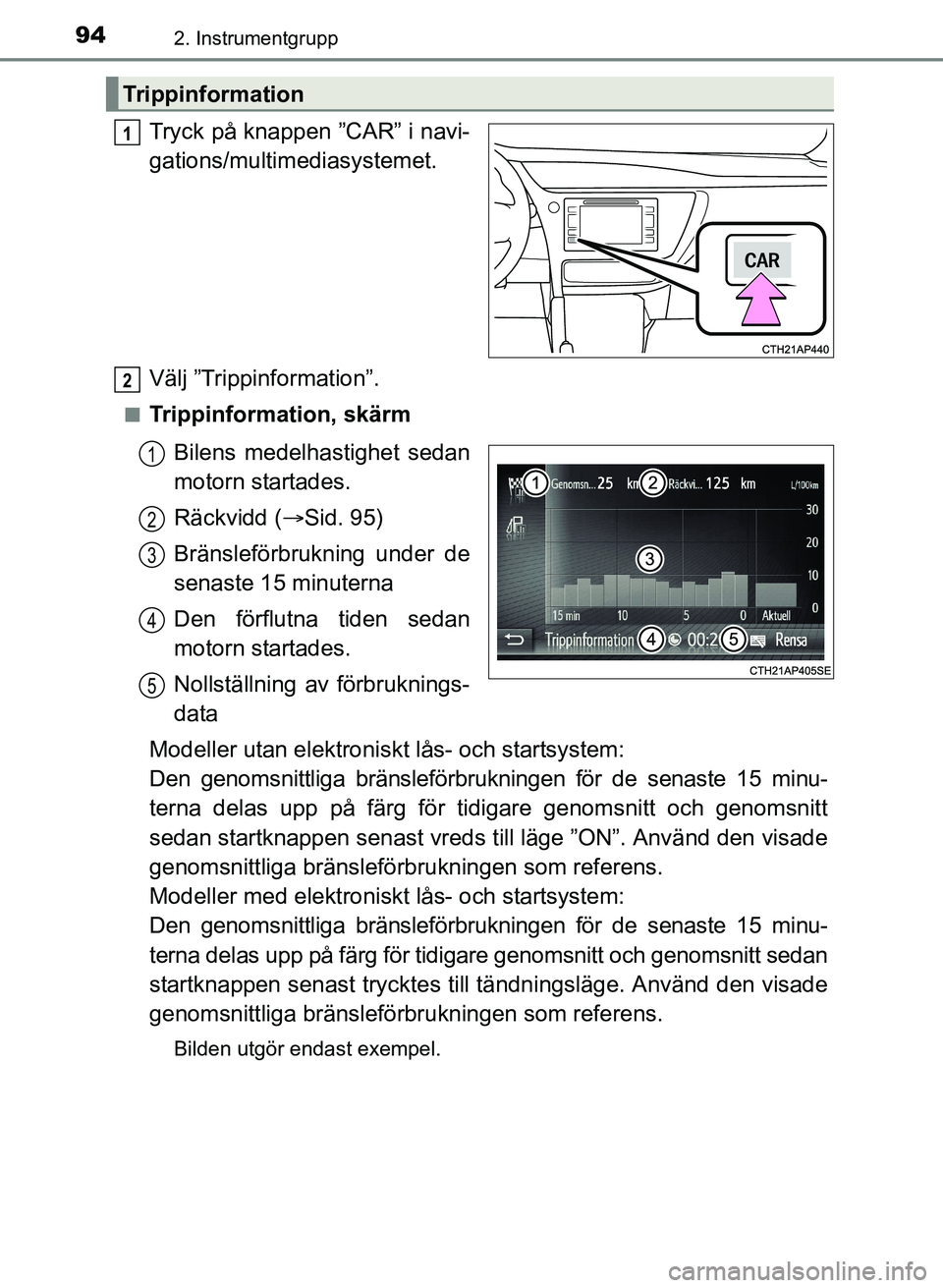 TOYOTA AURIS 2017 Bruksanvisningar (in Swedish) 942. Instrumentgrupp
OM12K97SE
Tryck på knappen ”CAR” i navi-
gations/multimediasystemet.
Välj ”Trippinformation”.
nTrippinformation, skärmBilens medelha stighet sedan
motorn startades.
Rä TOYOTA AURIS 2017 Bruksanvisningar (in Swedish) 942. Instrumentgrupp
OM12K97SE
Tryck på knappen ”CAR” i navi-
gations/multimediasystemet.
Välj ”Trippinformation”.
nTrippinformation, skärmBilens medelha stighet sedan
motorn startades.
Rä