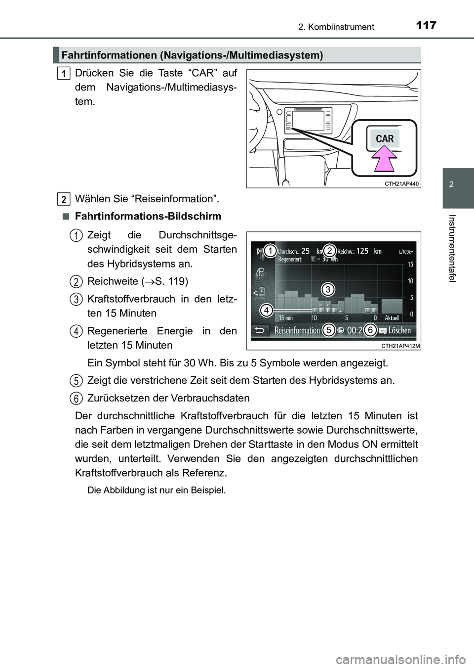 TOYOTA AURIS 2017 Betriebsanleitungen (in German) 1172. Kombiinstrument
2
Instrumententafel
UK_AURIS_HV_HB_EM (OM12L09M)
Drücken Sie die Taste “CAR” auf
dem Navigations-/Multimediasys-
tem.
Wählen Sie “Reiseinformation”.
■Fahrtinformation TOYOTA AURIS 2017 Betriebsanleitungen (in German) 1172. Kombiinstrument
2
Instrumententafel
UK_AURIS_HV_HB_EM (OM12L09M)
Drücken Sie die Taste “CAR” auf
dem Navigations-/Multimediasys-
tem.
Wählen Sie “Reiseinformation”.
■Fahrtinformation
