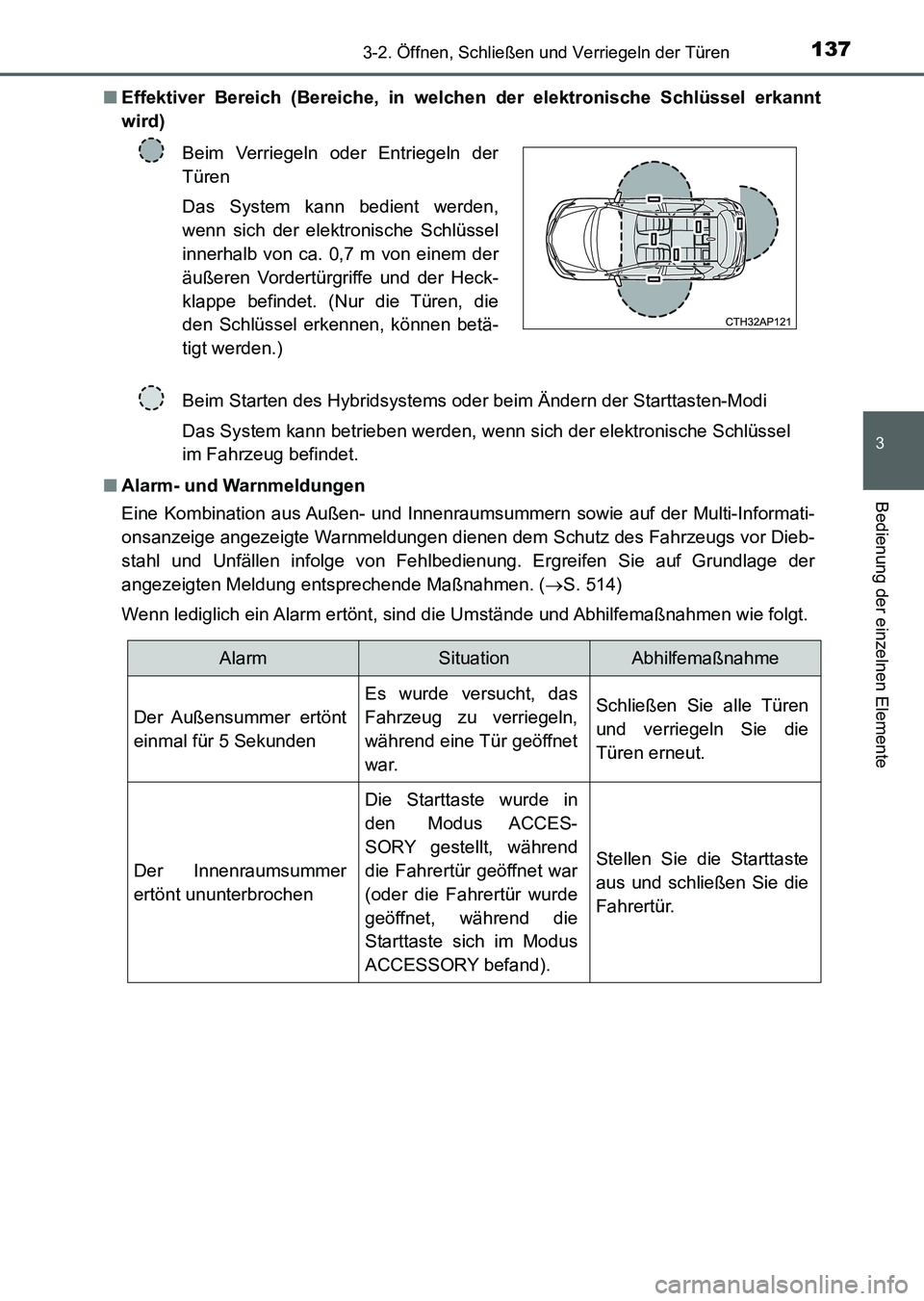 TOYOTA AURIS 2017 Betriebsanleitungen (in German) 1373-2. Öffnen, Schließen und Verriegeln der Türen
3
Bedienung der einzelnen Elemente
UK_AURIS_HV_HB_EM (OM12L09M)■Effektiver Bereich (Bereiche, in welchen der elektronische Schlüssel erkannt
wi TOYOTA AURIS 2017 Betriebsanleitungen (in German) 1373-2. Öffnen, Schließen und Verriegeln der Türen
3
Bedienung der einzelnen Elemente
UK_AURIS_HV_HB_EM (OM12L09M)■Effektiver Bereich (Bereiche, in welchen der elektronische Schlüssel erkannt
wi