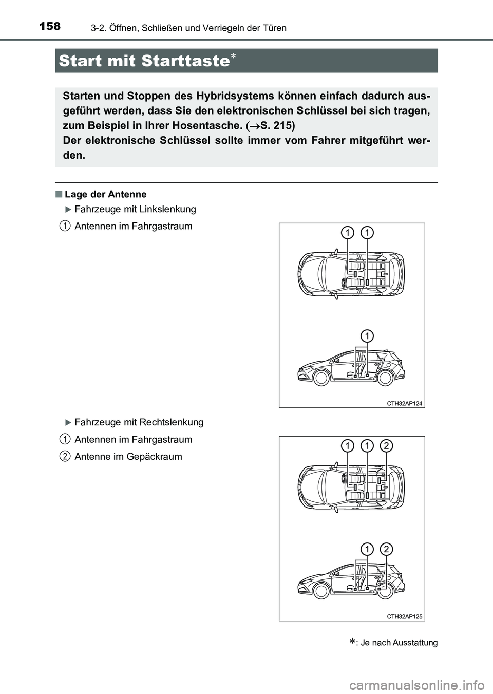 TOYOTA AURIS 2017 Betriebsanleitungen (in German) 1583-2. Öffnen, Schließen und Verriegeln der Türen
UK_AURIS_HV_HB_EM (OM12L09M)
■Lage der Antenne
Fahrzeuge mit Linkslenkung
Fahrzeuge mit Rechtslenkung
Start mit Starttaste
: Je nach TOYOTA AURIS 2017 Betriebsanleitungen (in German) 1583-2. Öffnen, Schließen und Verriegeln der Türen
UK_AURIS_HV_HB_EM (OM12L09M)
■Lage der Antenne
Fahrzeuge mit Linkslenkung
Fahrzeuge mit Rechtslenkung
Start mit Starttaste
: Je nach