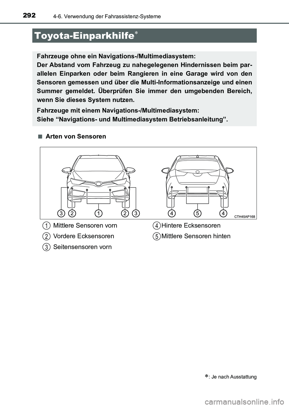TOYOTA AURIS 2017 Betriebsanleitungen (in German) 2924-6. Verwendung der Fahrassistenz-Systeme
UK_AURIS_HV_HB_EM (OM12L09M)■
Arten von Sensoren
Toyota-Einparkhilfe
: Je nach Ausstattung
Fahrzeuge ohne ein Navigations-/Multimediasystem:
Der A TOYOTA AURIS 2017 Betriebsanleitungen (in German) 2924-6. Verwendung der Fahrassistenz-Systeme
UK_AURIS_HV_HB_EM (OM12L09M)■
Arten von Sensoren
Toyota-Einparkhilfe
: Je nach Ausstattung
Fahrzeuge ohne ein Navigations-/Multimediasystem:
Der A