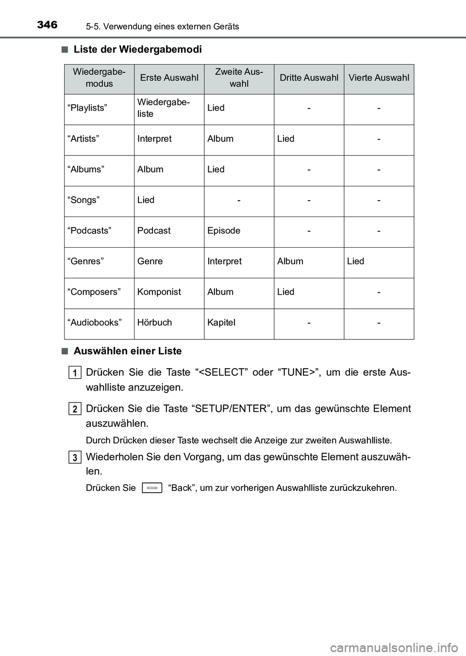 TOYOTA AURIS 2017  Betriebsanleitungen (in German) 3465-5. Verwendung eines externen Geräts
UK_AURIS_HV_HB_EM (OM12L09M)■
Liste der Wiedergabemodi
■Auswählen einer Liste
Drücken Sie die Taste “<SELECT” oder “TUNE>”, um die erste Aus-
wa
