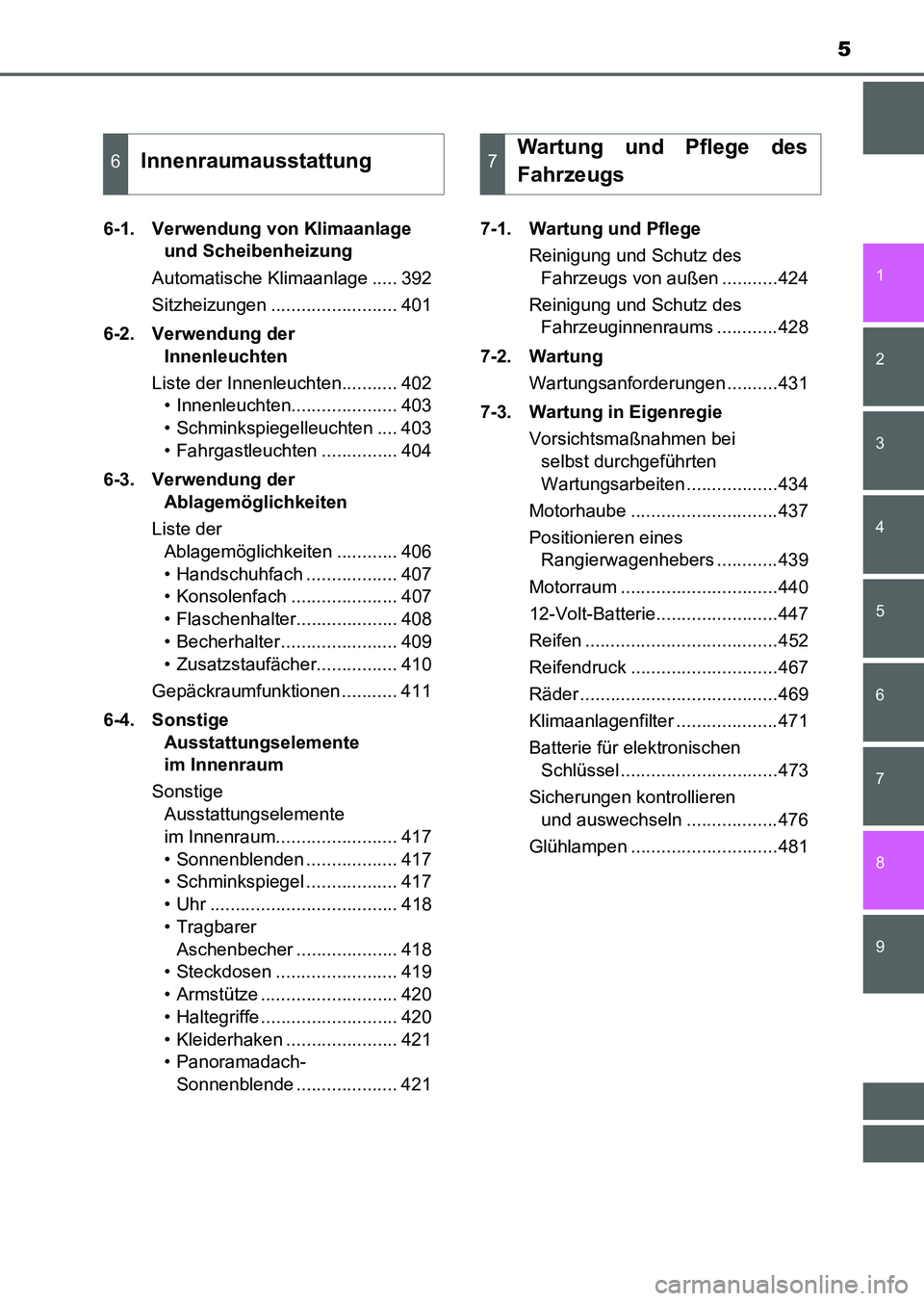 TOYOTA AURIS 2017  Betriebsanleitungen (in German) 5
1
8 7
6
5
4
3
2
UK_AURIS_HV_HB_EM (OM12L09M)
9
6-1. Verwendung von Klimaanlage 
und Scheibenheizung
Automatische Klimaanlage ..... 392
Sitzheizungen ......................... 401
6-2. Verwendung der