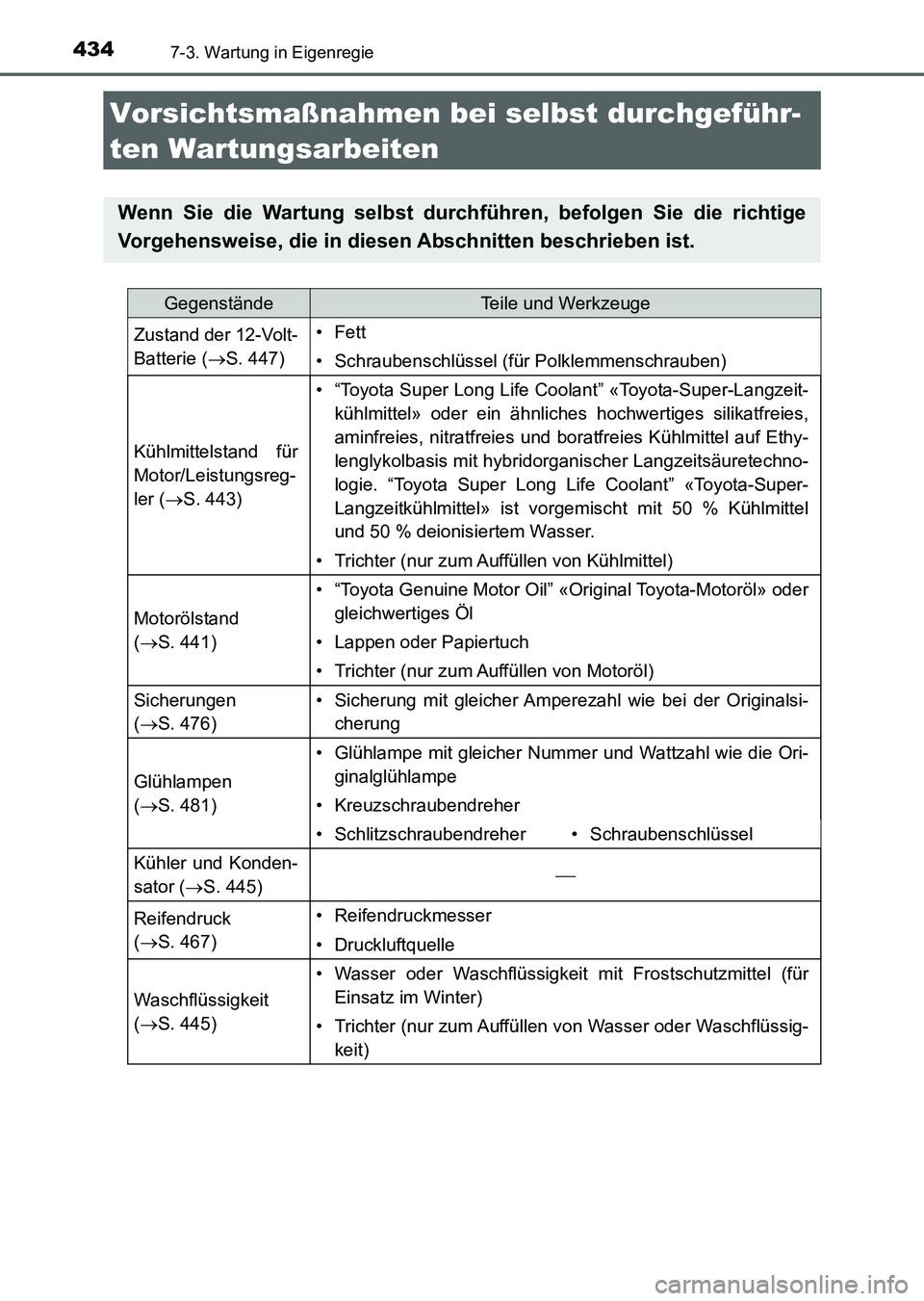 TOYOTA AURIS 2017  Betriebsanleitungen (in German) 434
UK_AURIS_HV_HB_EM (OM12L09M)
7-3. Wartung in Eigenregie
Vorsichtsmaßnahmen bei selbst durchgeführ-
ten Wartungsarbeiten
Wenn Sie die Wartung selbst durchführen, befolgen Sie die richtige
Vorgeh