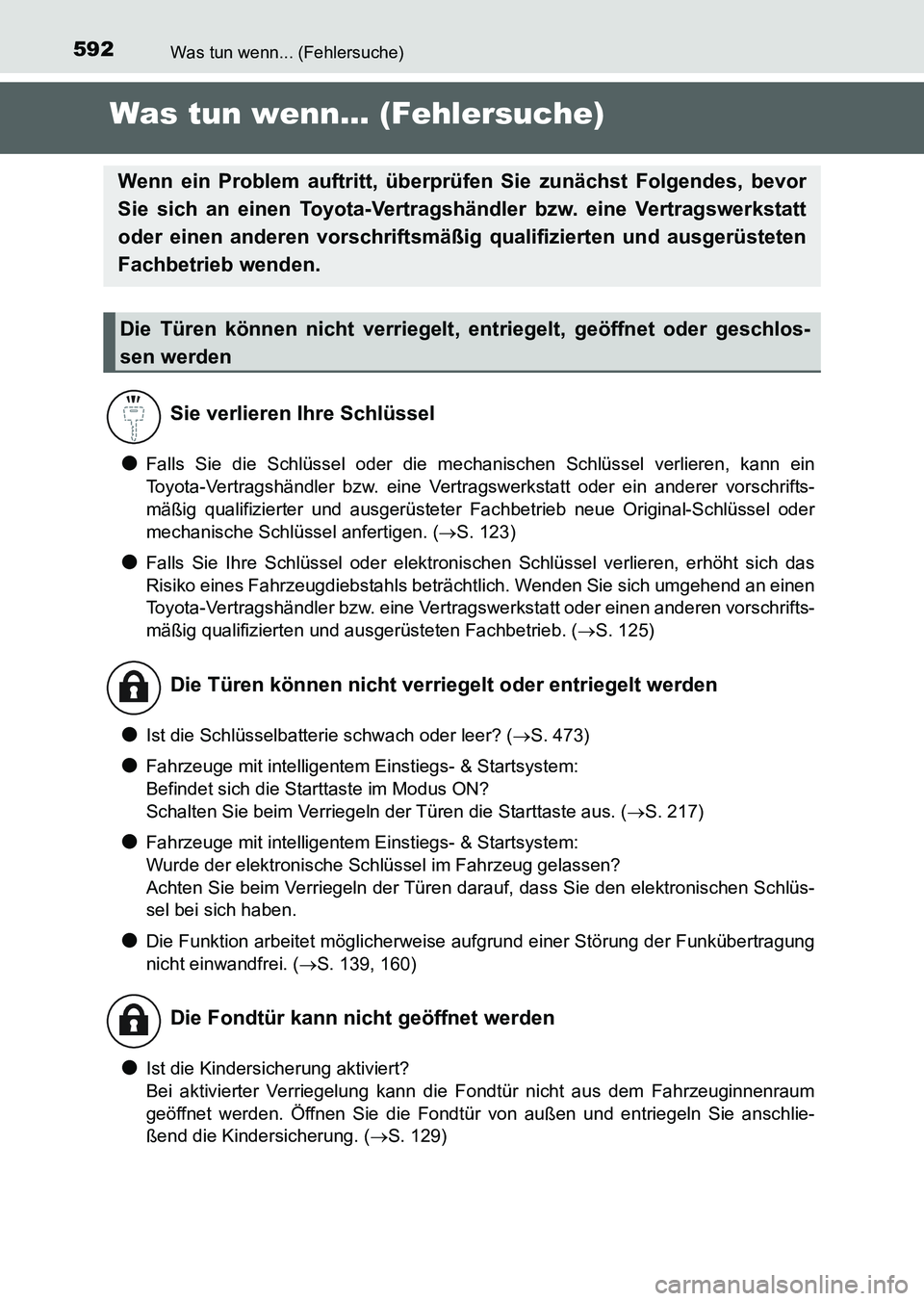 TOYOTA AURIS 2017  Betriebsanleitungen (in German) 592
UK_AURIS_HV_HB_EM (OM12L09M)
Was tun wenn... (Fehlersuche)
Was tun wenn... (Fehlersuche)
●Falls Sie die Schlüssel oder die mechanischen Schlüssel verlieren, kann ein
Toyota-Vertragshändler bz