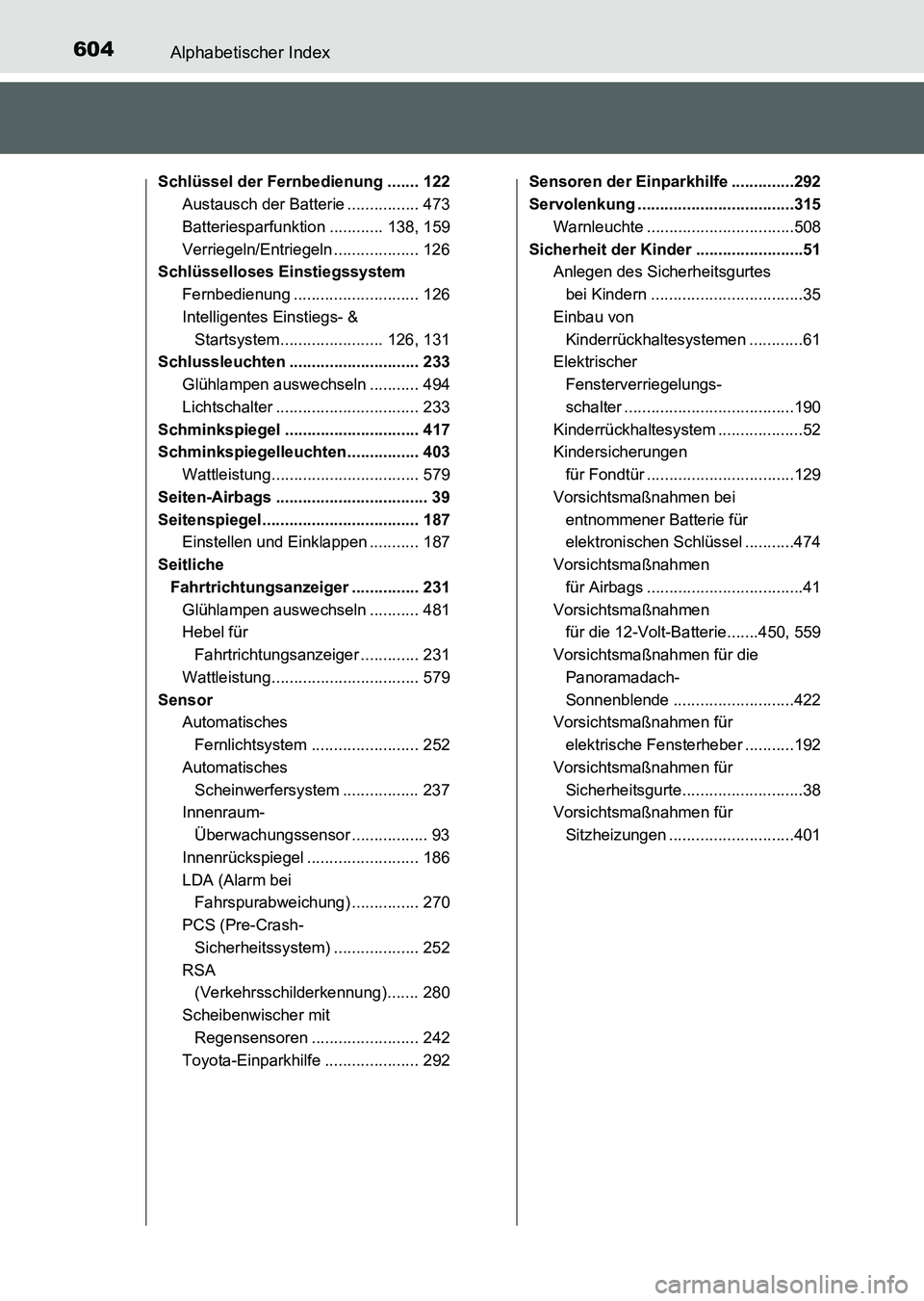TOYOTA AURIS 2017  Betriebsanleitungen (in German) 604Alphabetischer Index
UK_AURIS_HV_HB_EM (OM12L09M)
Schlüssel der Fernbedienung ....... 122
Austausch der Batterie ................ 473
Batteriesparfunktion ............ 138, 159
Verriegeln/Entriege